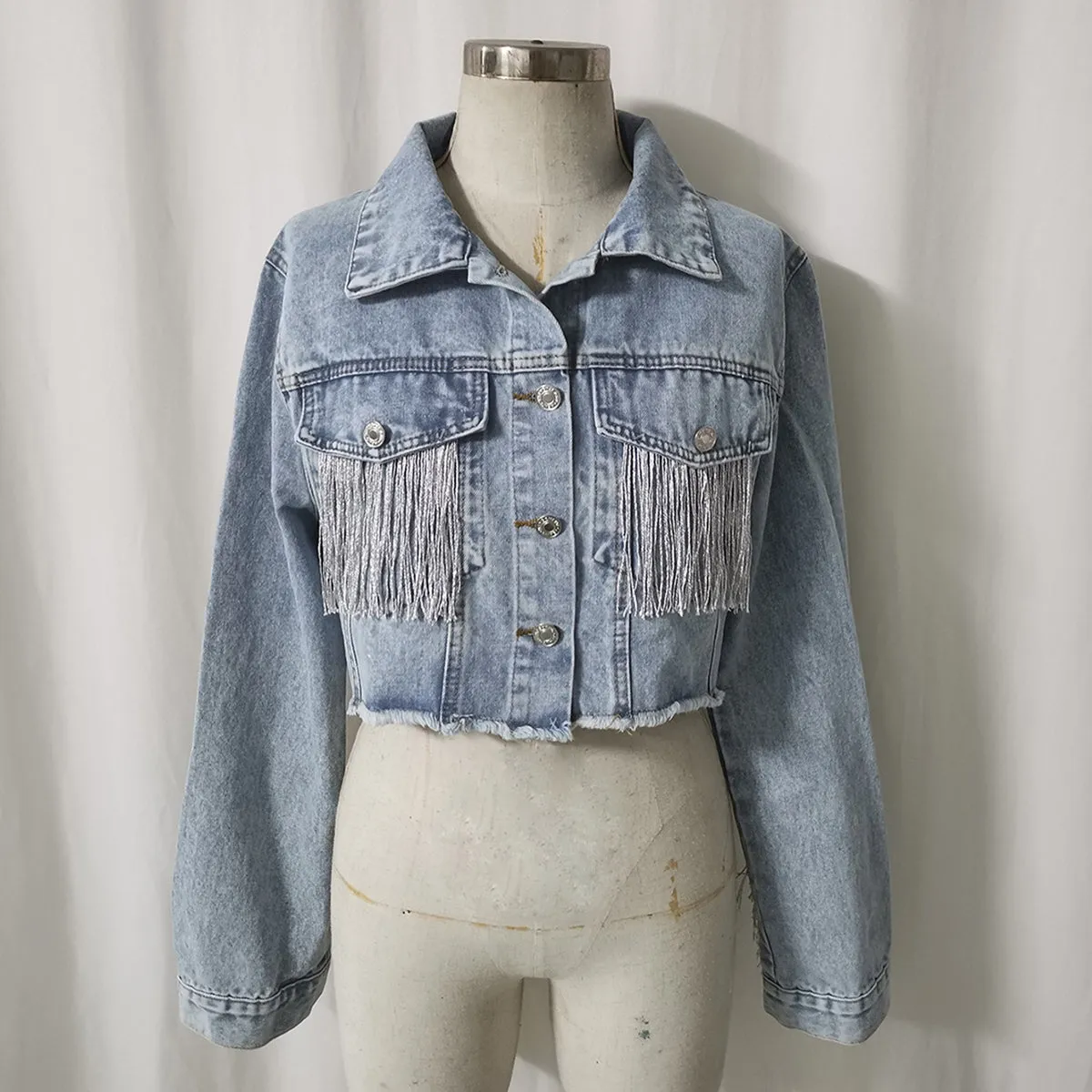 Fringe Detail Long Sleeve Cropped Denim Jacket