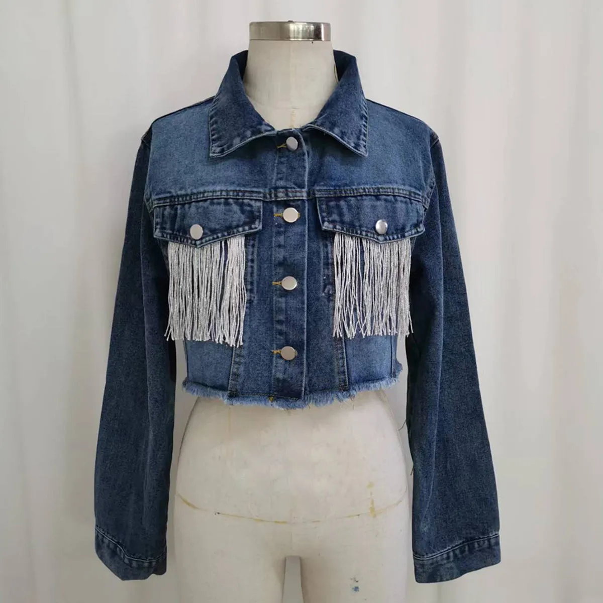 Fringe Detail Long Sleeve Cropped Denim Jacket