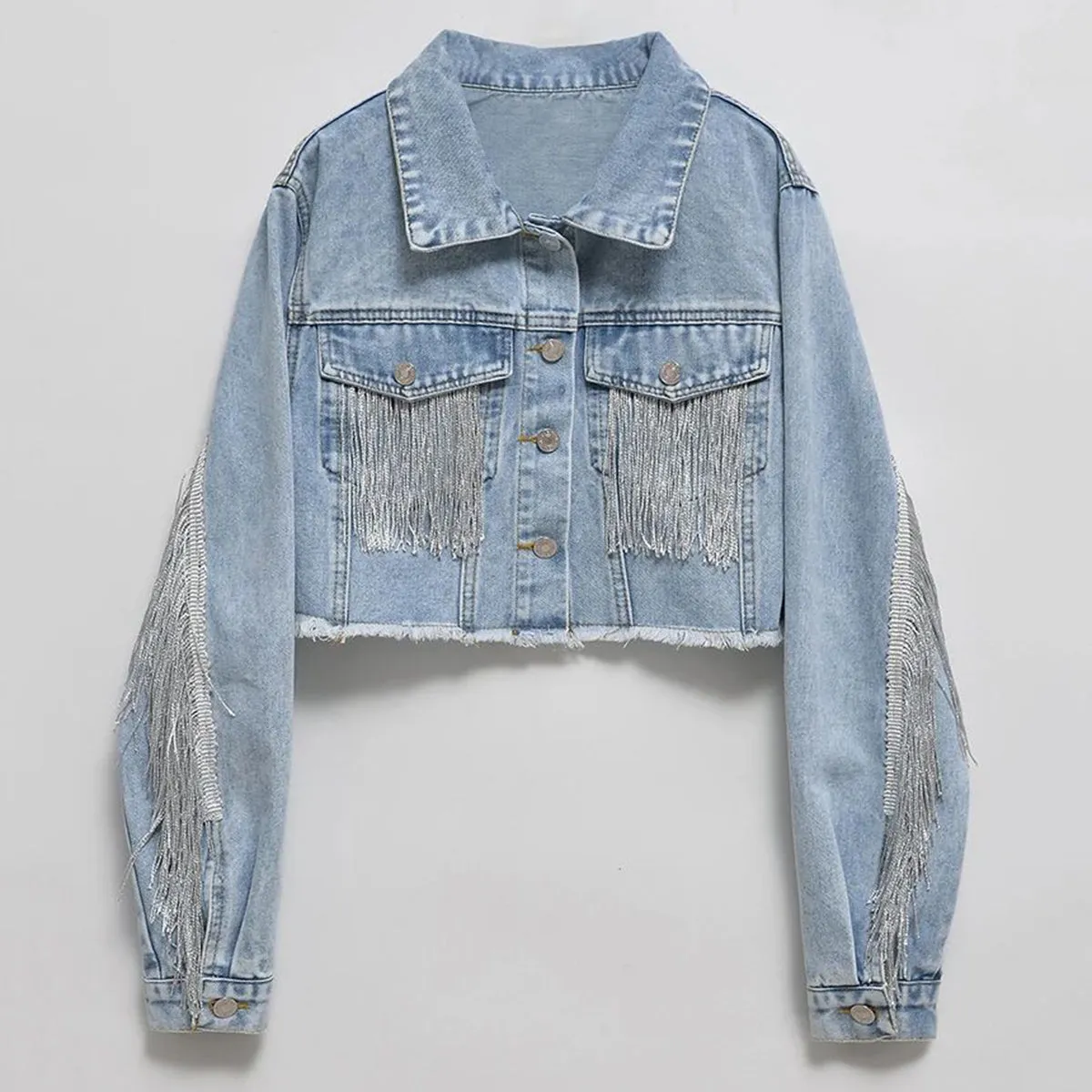 Fringe Detail Long Sleeve Cropped Denim Jacket