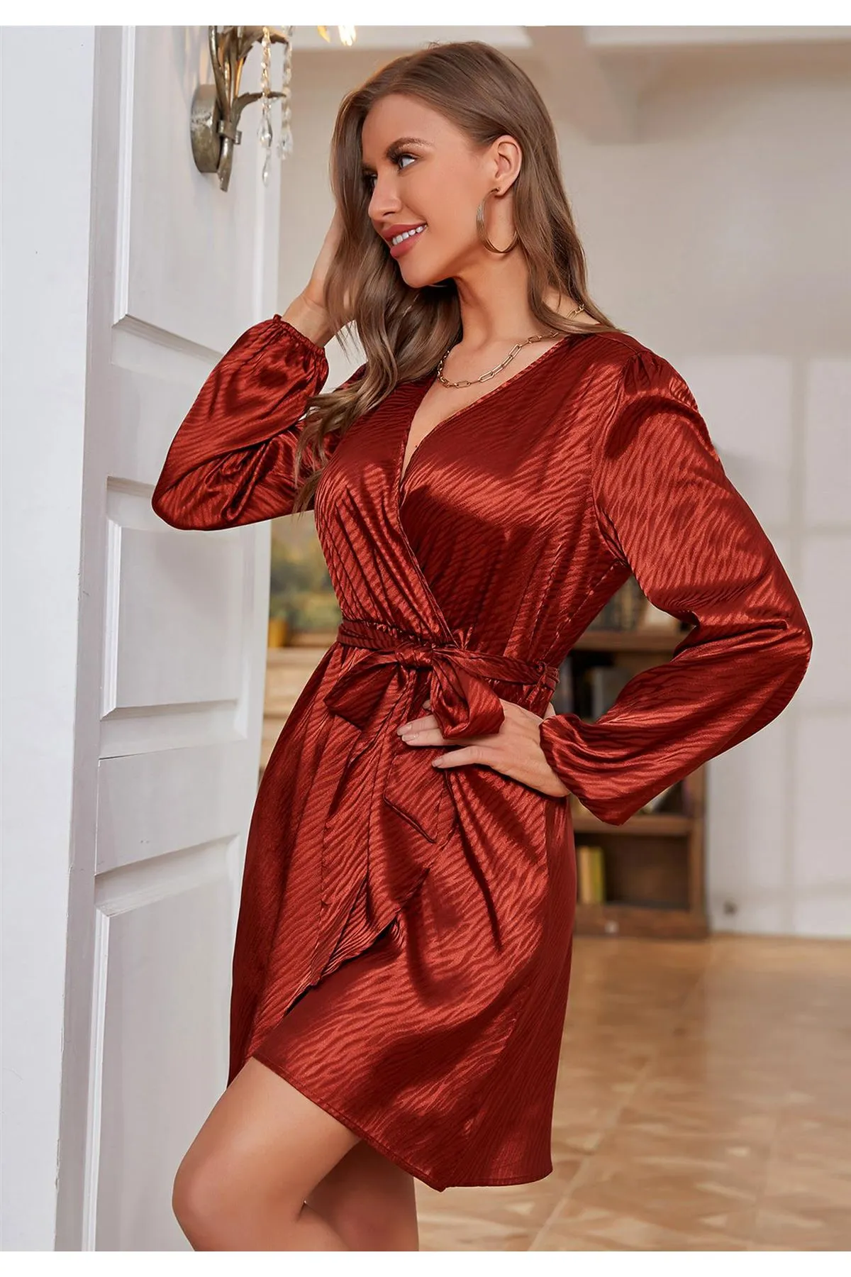 FS Collection Satin Wrap Mini Dress In Copper Red