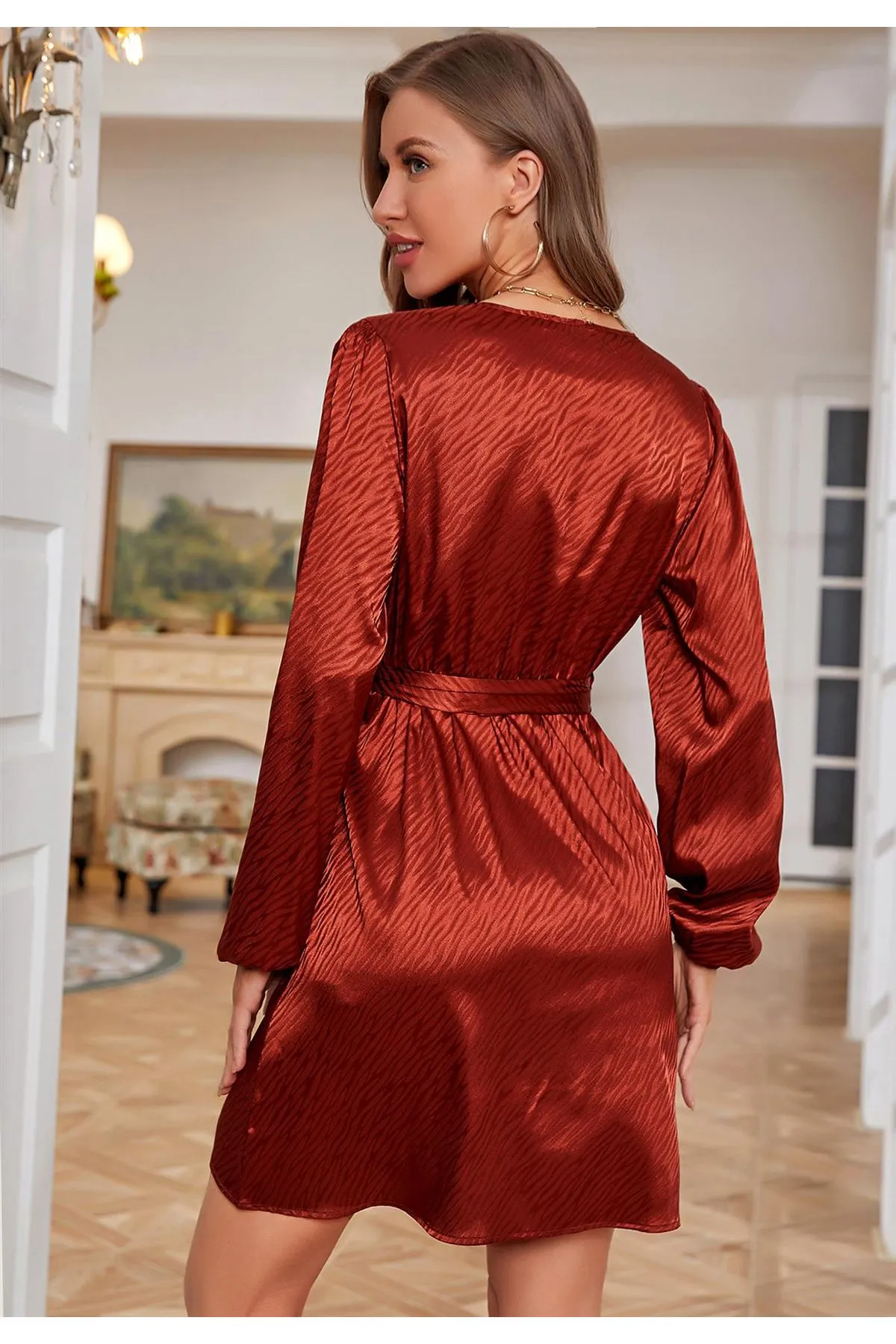 FS Collection Satin Wrap Mini Dress In Copper Red