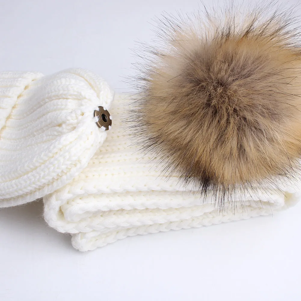 FURTALK Real Raccoon Fur Pom Pom Hat Scarf Set for Kids HTWL029