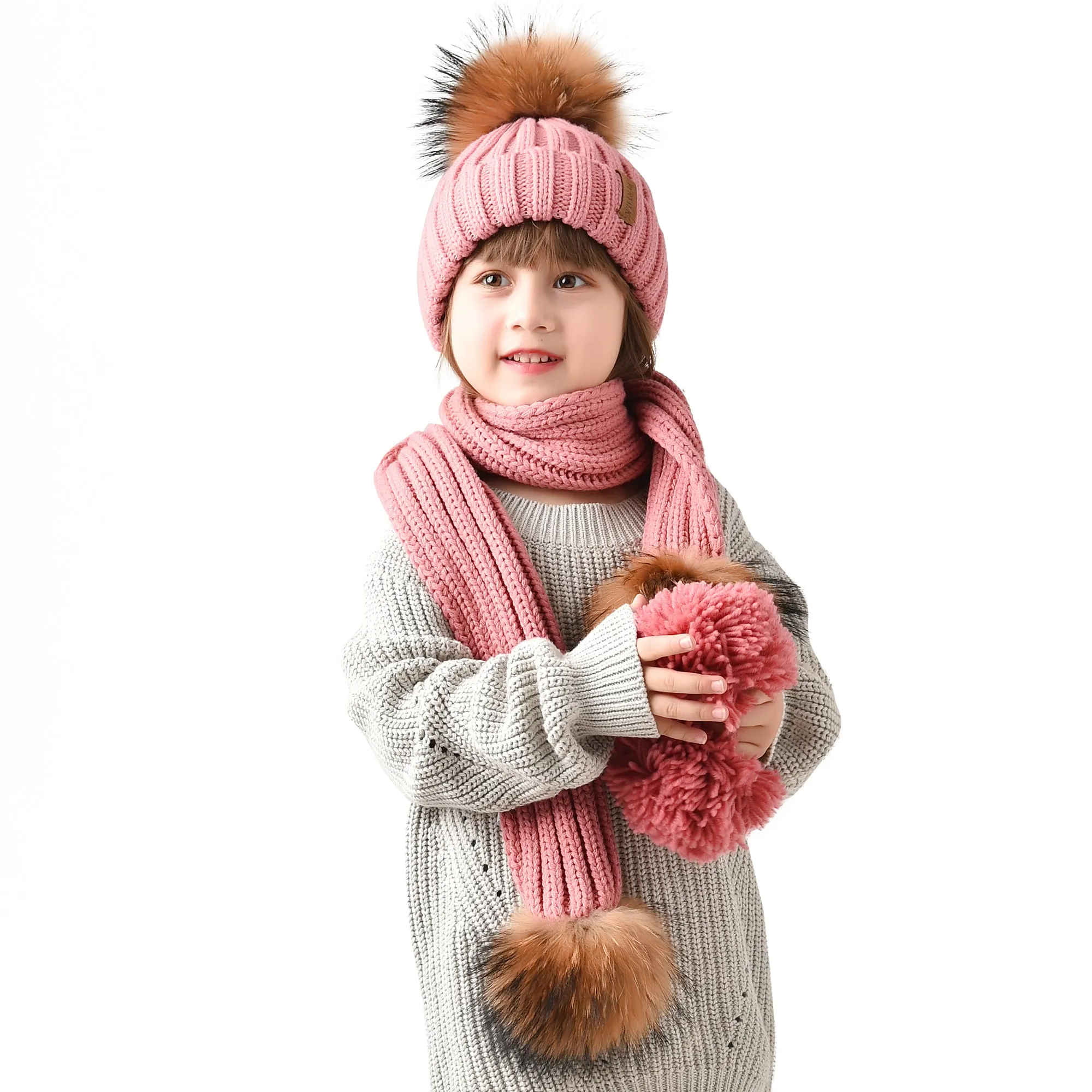 FURTALK Real Raccoon Fur Pom Pom Hat Scarf Set for Kids HTWL029