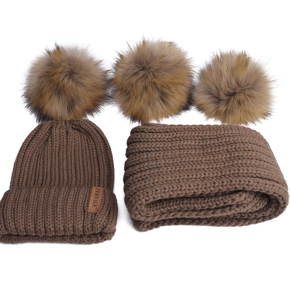 FURTALK Real Raccoon Fur Pom Pom Hat Scarf Set for Kids HTWL029