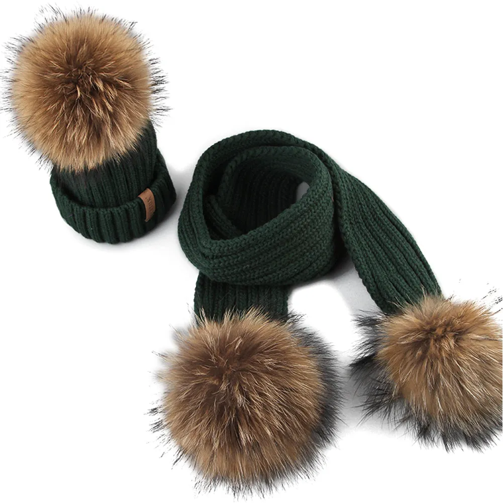 FURTALK Real Raccoon Fur Pom Pom Hat Scarf Set for Kids HTWL029