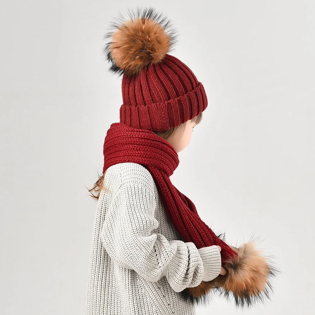 FURTALK Real Raccoon Fur Pom Pom Hat Scarf Set for Kids HTWL029