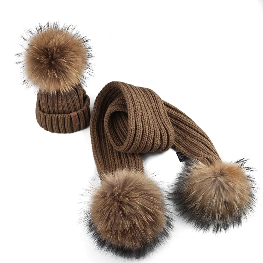 FURTALK Real Raccoon Fur Pom Pom Hat Scarf Set for Kids HTWL029