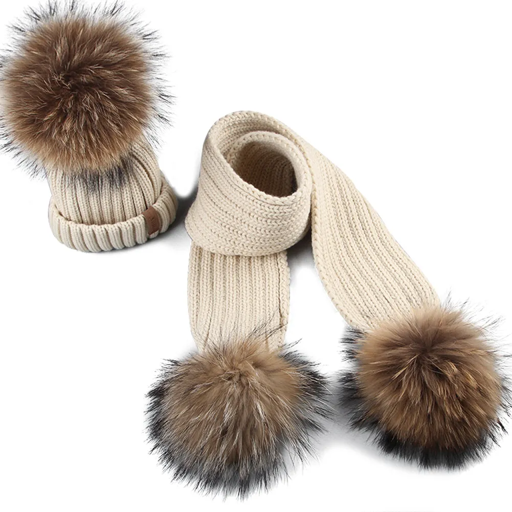 FURTALK Real Raccoon Fur Pom Pom Hat Scarf Set for Kids HTWL029