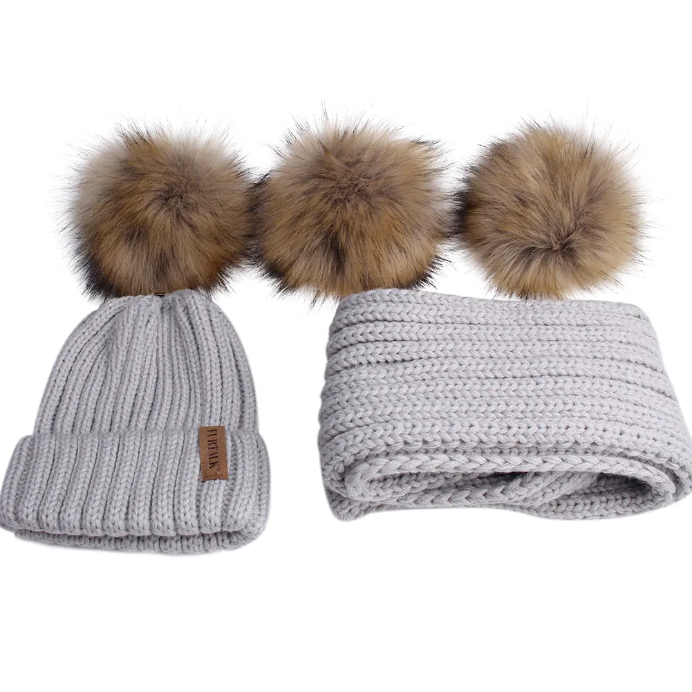 FURTALK Real Raccoon Fur Pom Pom Hat Scarf Set for Kids HTWL029