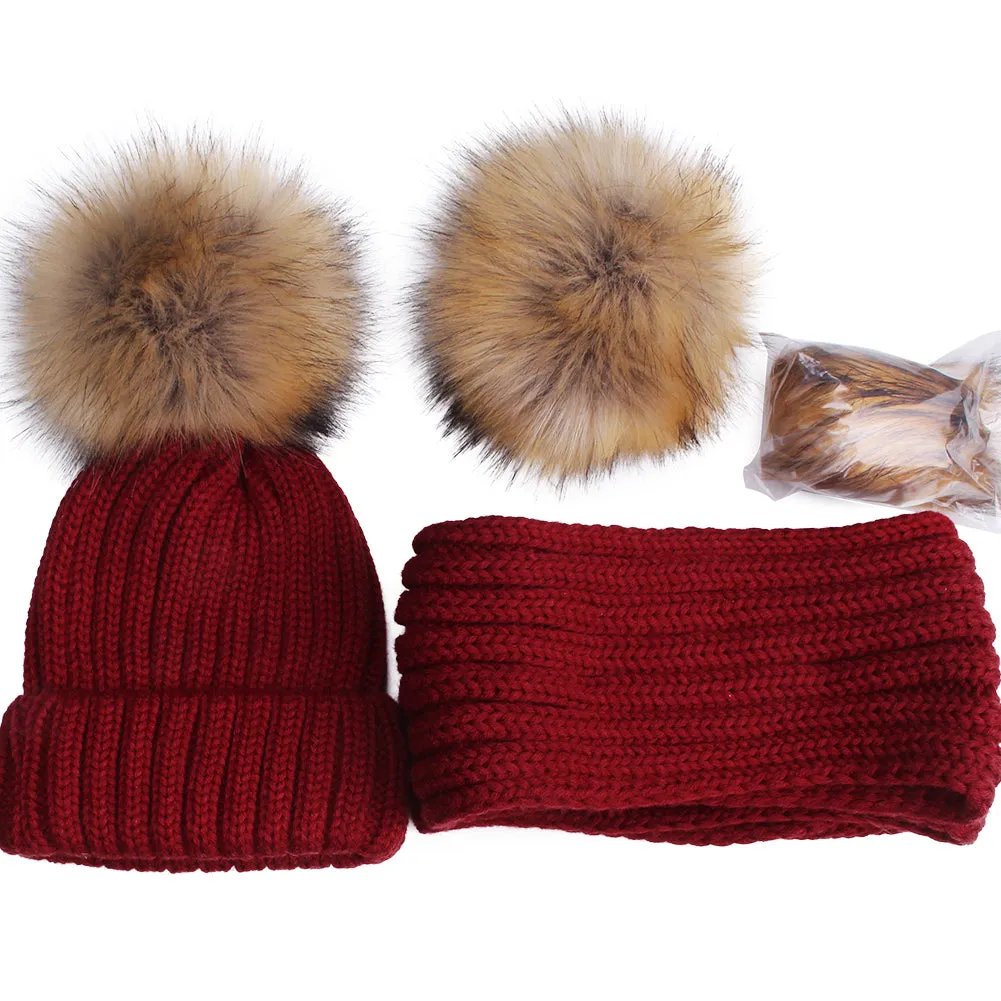 FURTALK Real Raccoon Fur Pom Pom Hat Scarf Set for Kids HTWL029