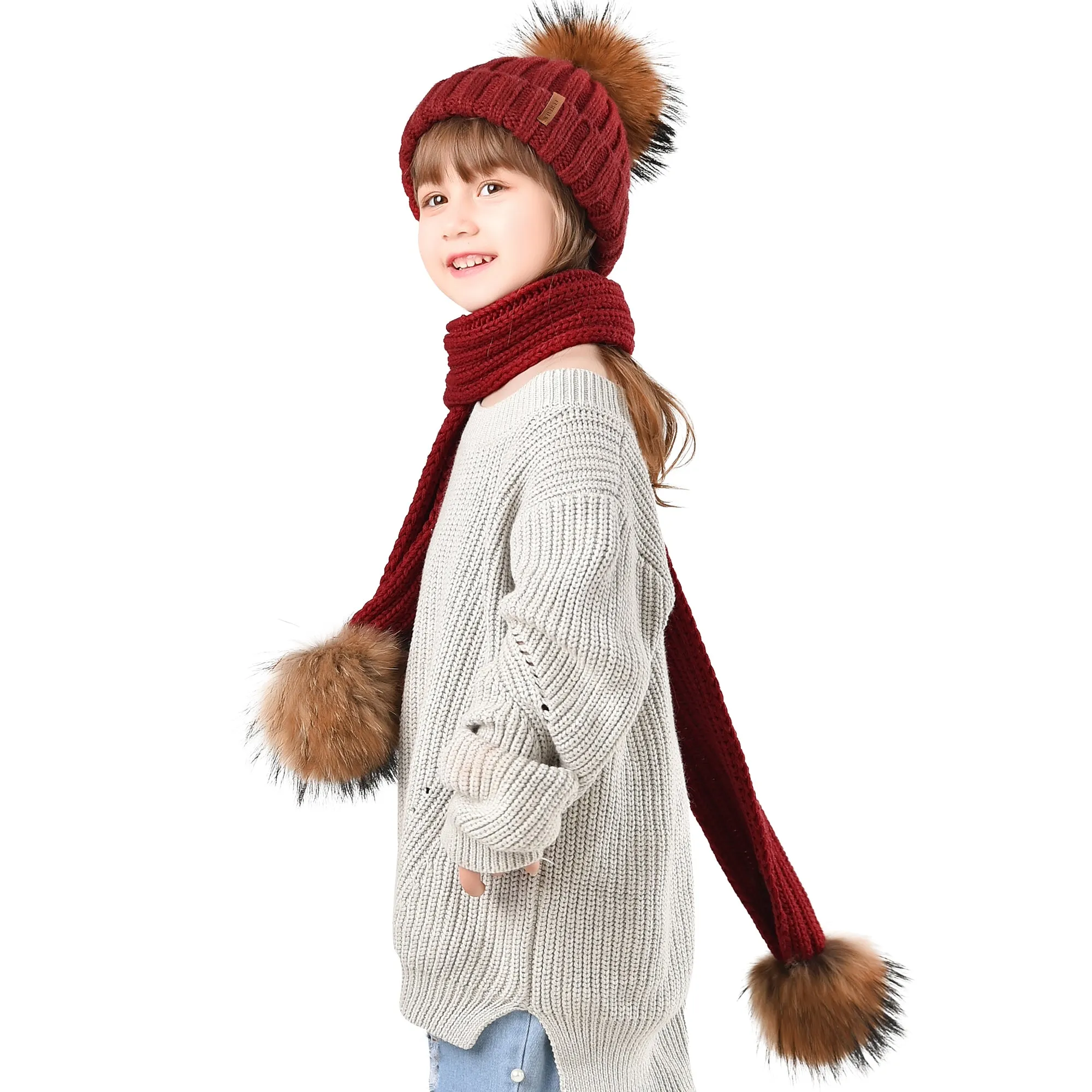 FURTALK Real Raccoon Fur Pom Pom Hat Scarf Set for Kids HTWL029