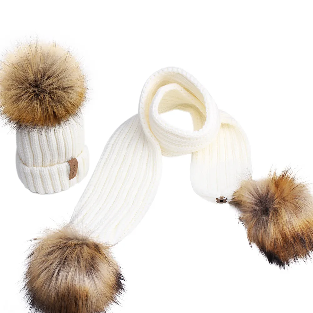 FURTALK Real Raccoon Fur Pom Pom Hat Scarf Set for Kids HTWL029