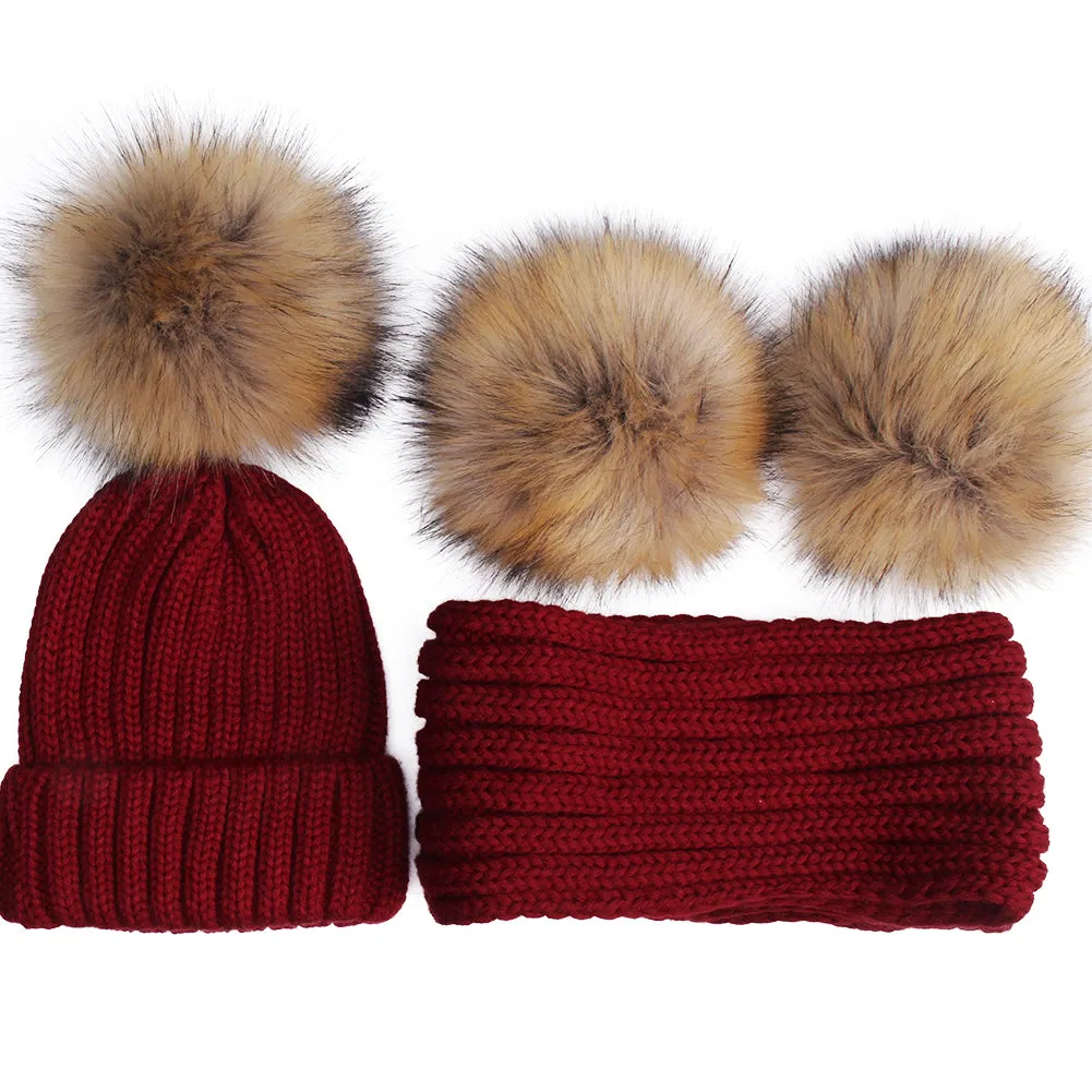 FURTALK Real Raccoon Fur Pom Pom Hat Scarf Set for Kids HTWL029