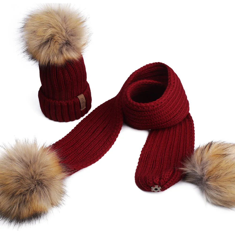 FURTALK Real Raccoon Fur Pom Pom Hat Scarf Set for Kids HTWL029