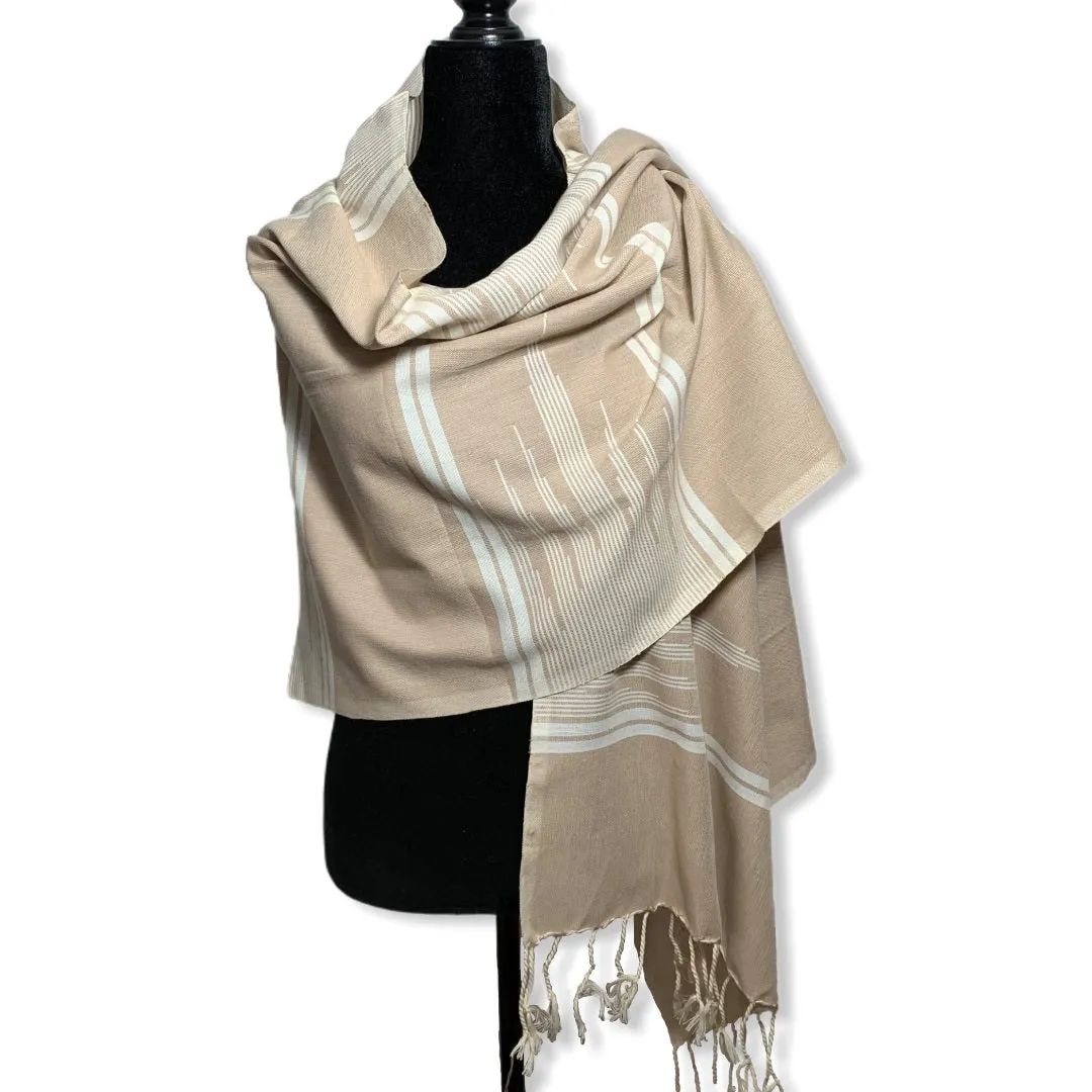 Geometric Handwoven Egyptian Cotton Scarf - Beige