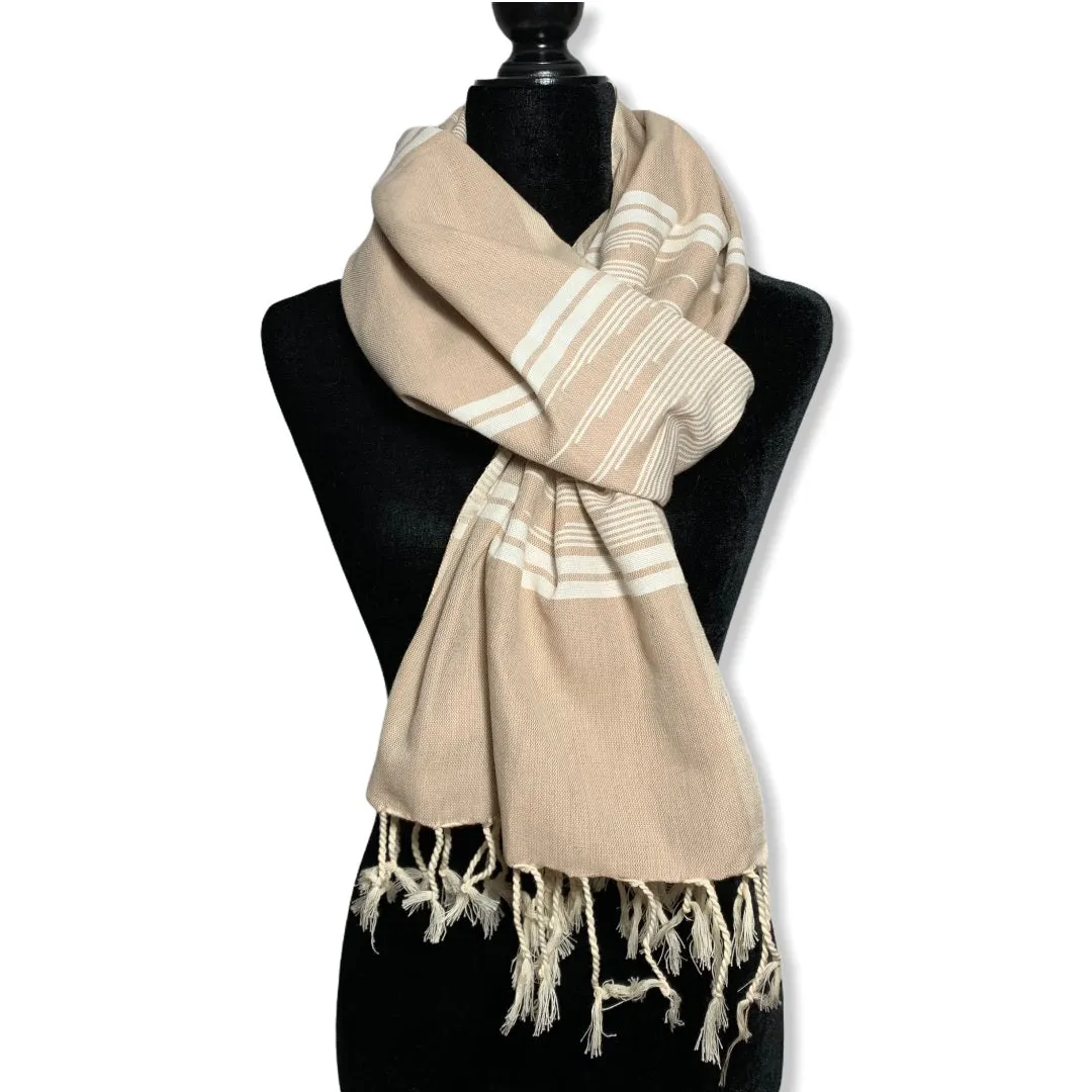 Geometric Handwoven Egyptian Cotton Scarf - Beige