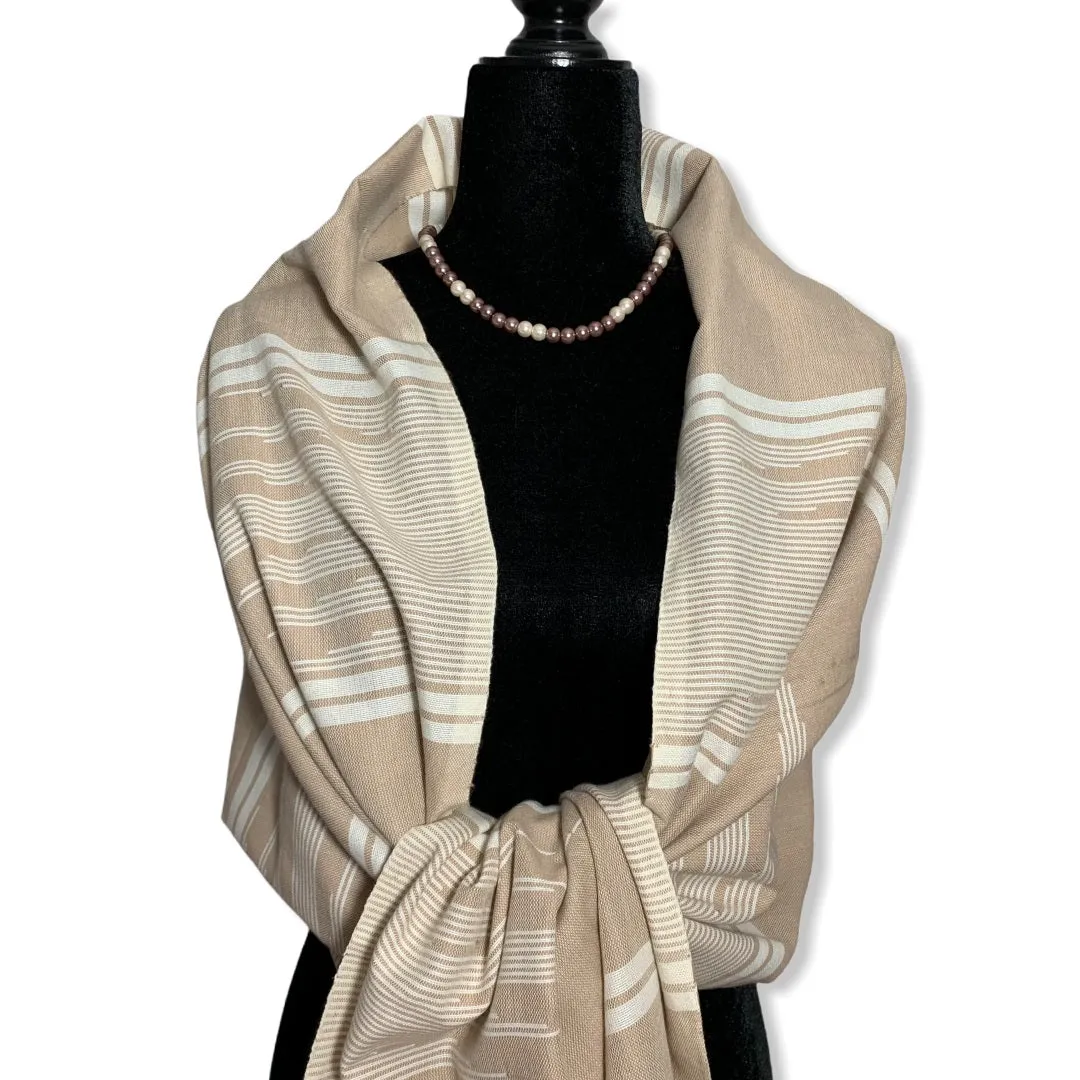 Geometric Handwoven Egyptian Cotton Scarf - Beige