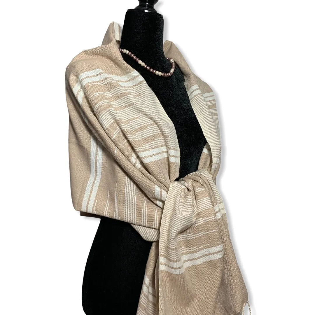 Geometric Handwoven Egyptian Cotton Scarf - Beige