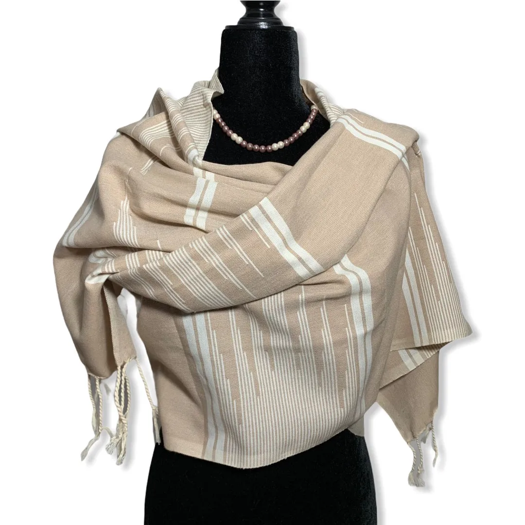 Geometric Handwoven Egyptian Cotton Scarf - Beige