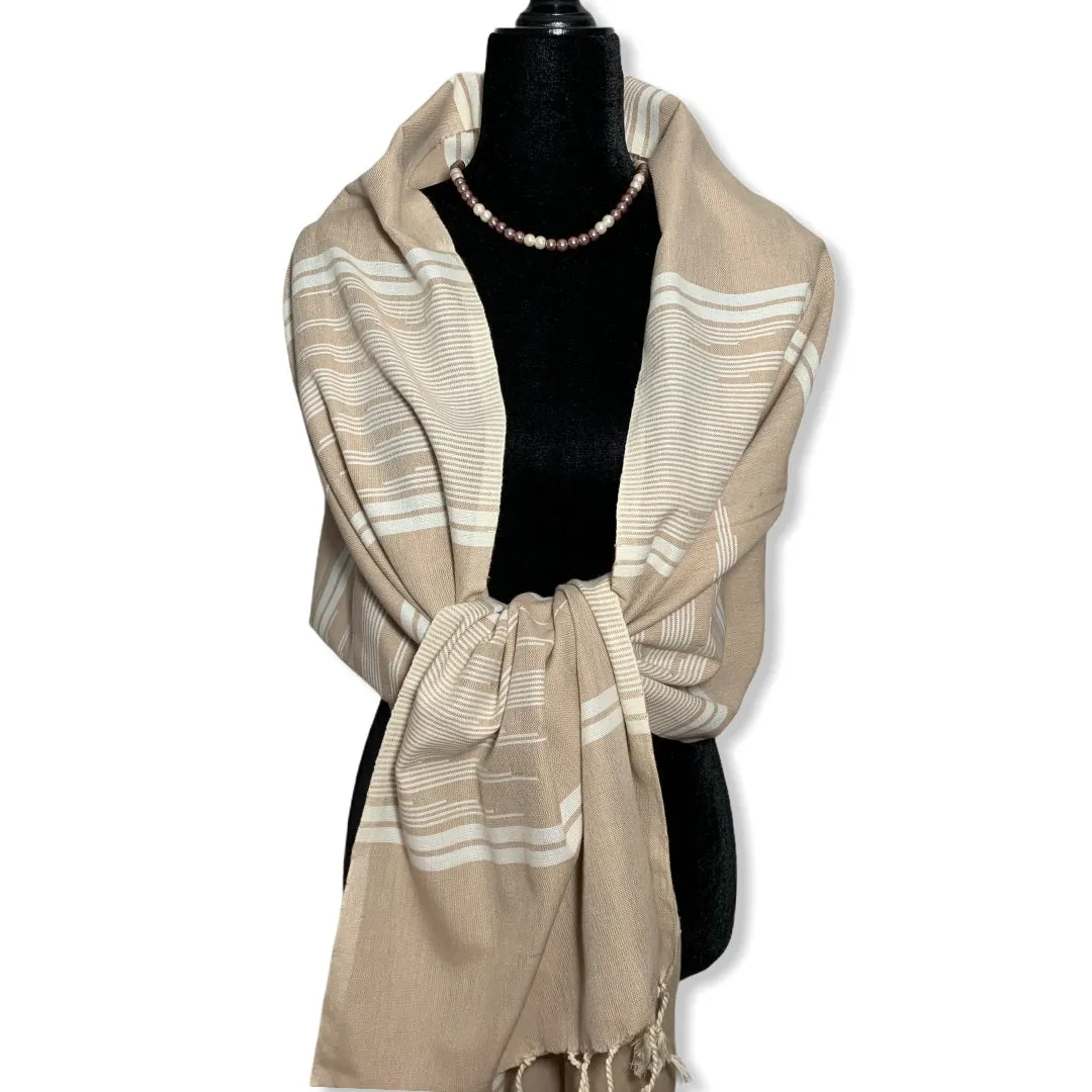 Geometric Handwoven Egyptian Cotton Scarf - Beige