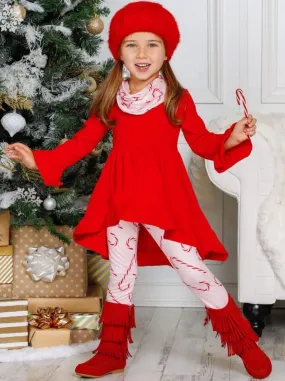 Girls Hi-lo Ruffled Long Sleeve Tunic, Candy Cane Printed Leggings And Scarf Set