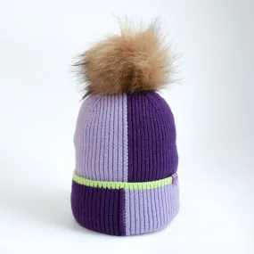 Girl's Purple Colour Block Pom Pom Toque