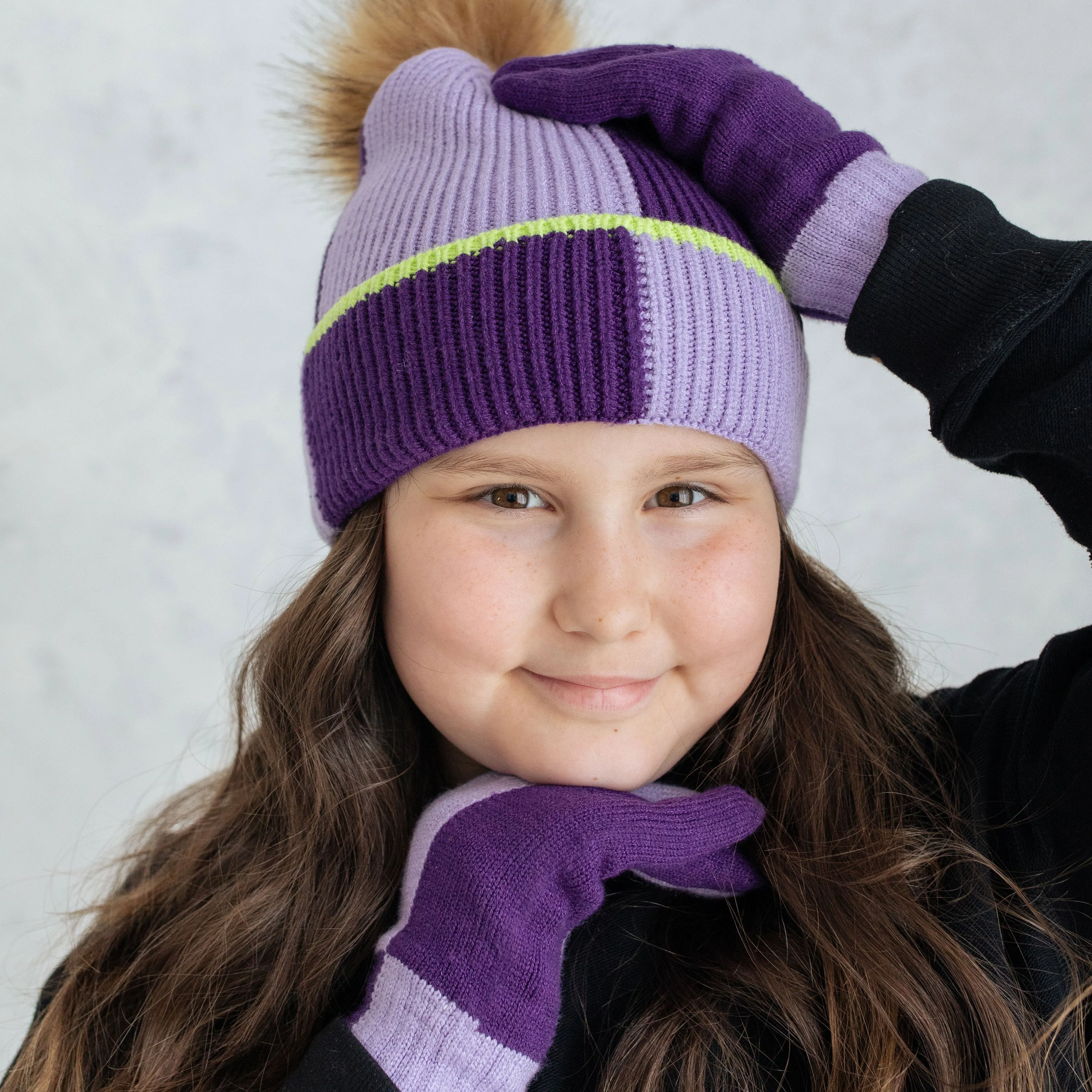 Girl's Purple Colour Block Pom Pom Toque