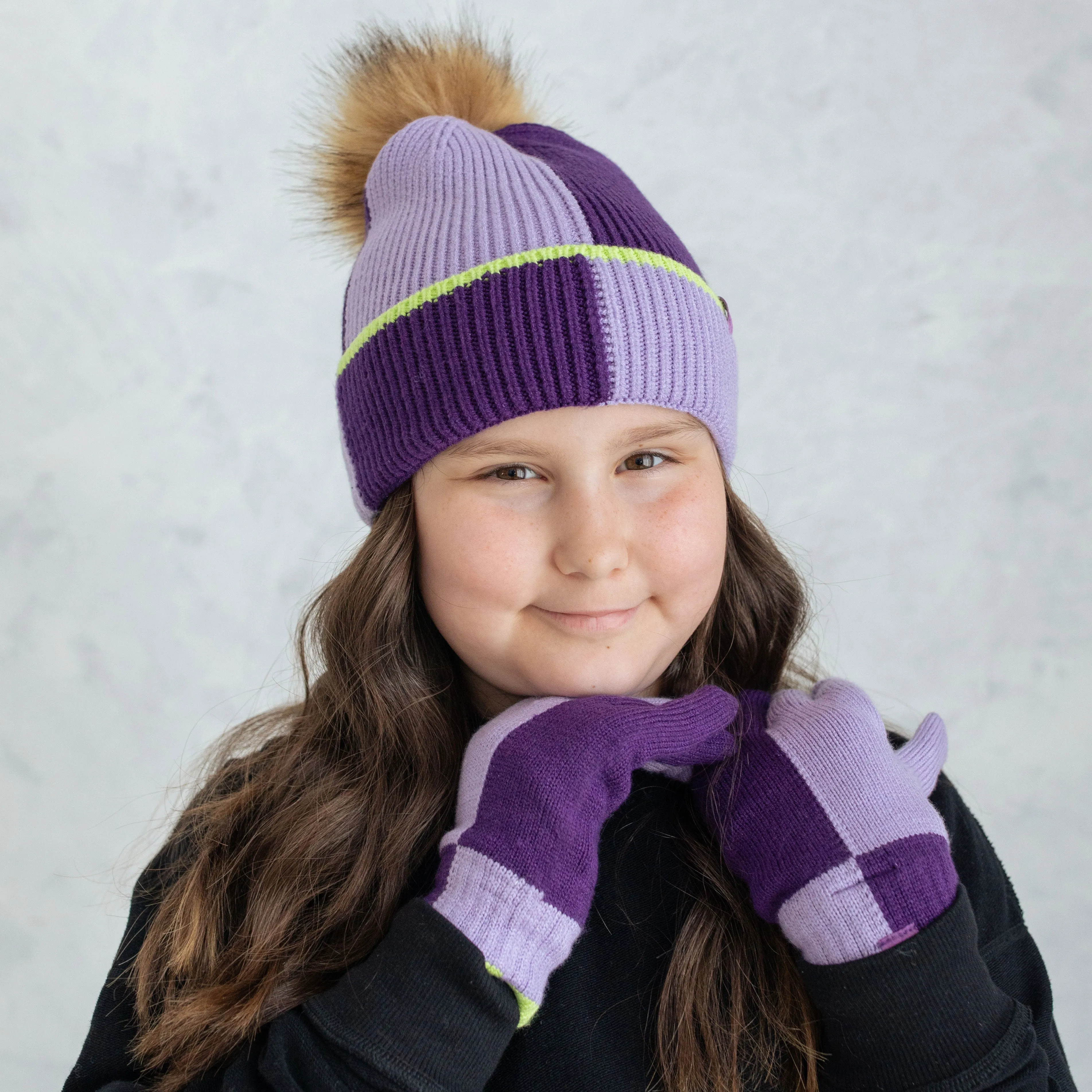 Girl's Purple Colour Block Pom Pom Toque