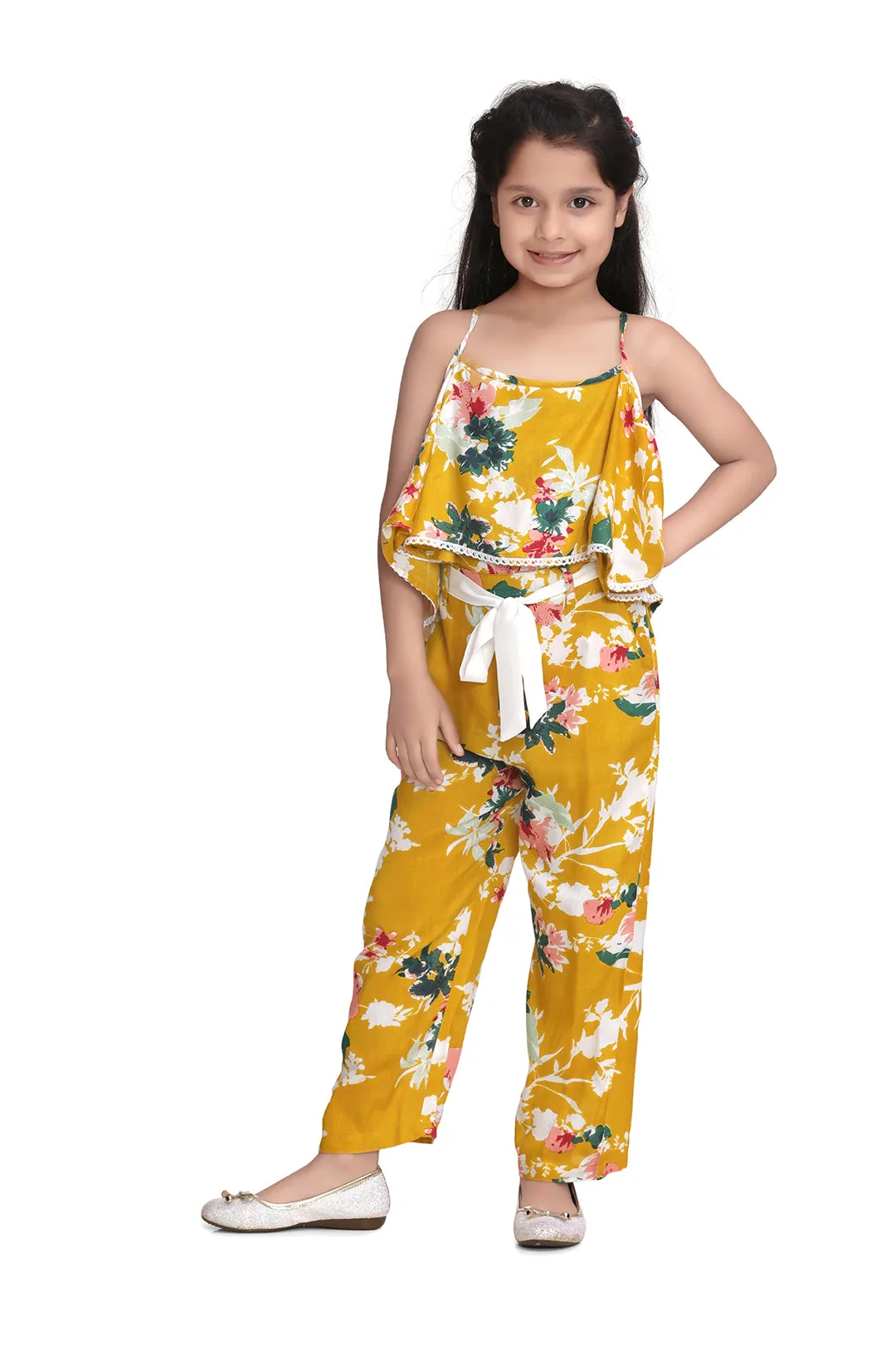 Girl's Yellow Floral Cross Back Jumpsuit - StyleStone Kid