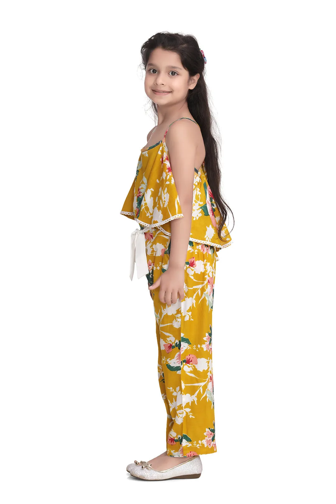 Girl's Yellow Floral Cross Back Jumpsuit - StyleStone Kid