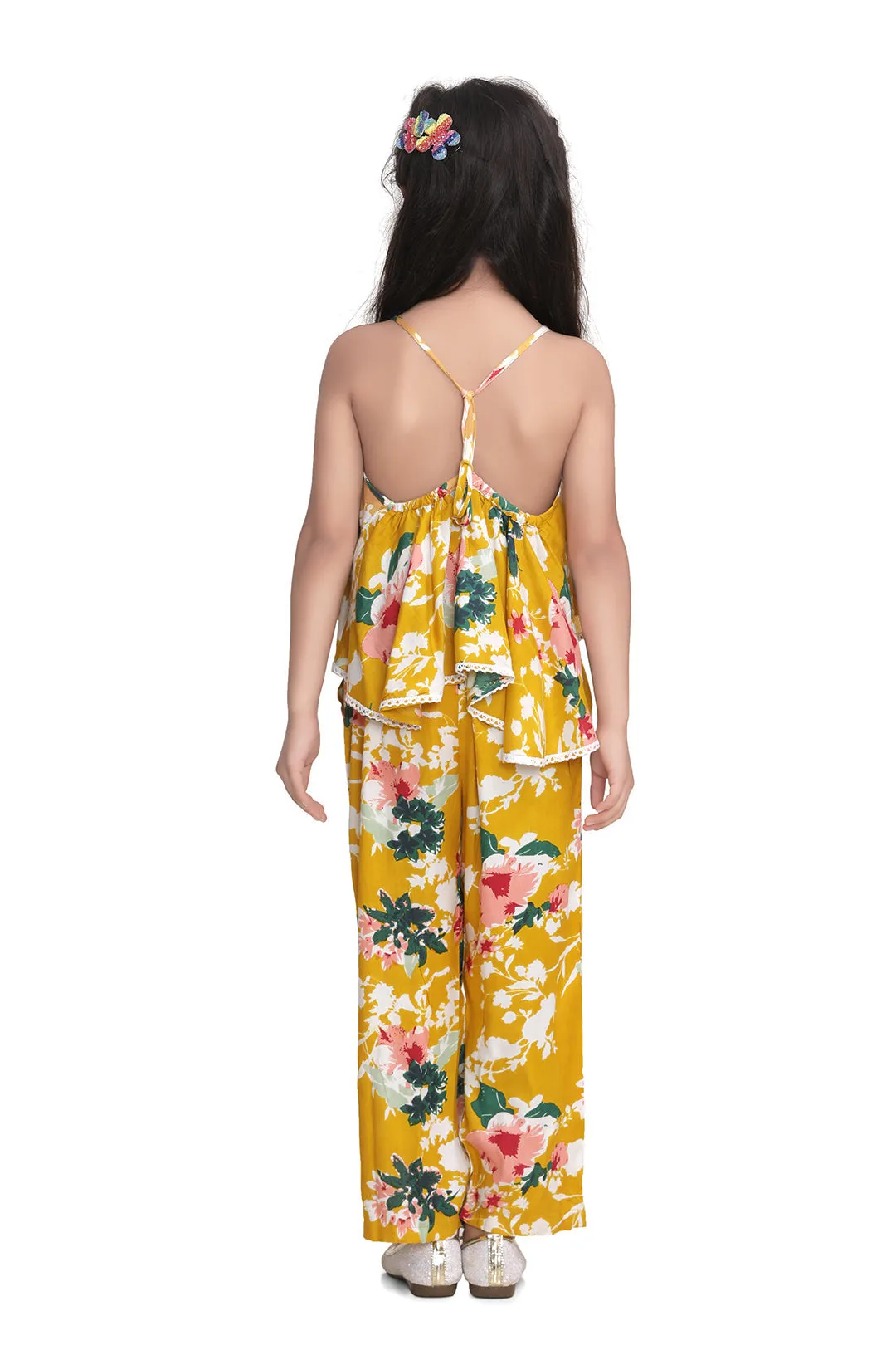 Girl's Yellow Floral Cross Back Jumpsuit - StyleStone Kid