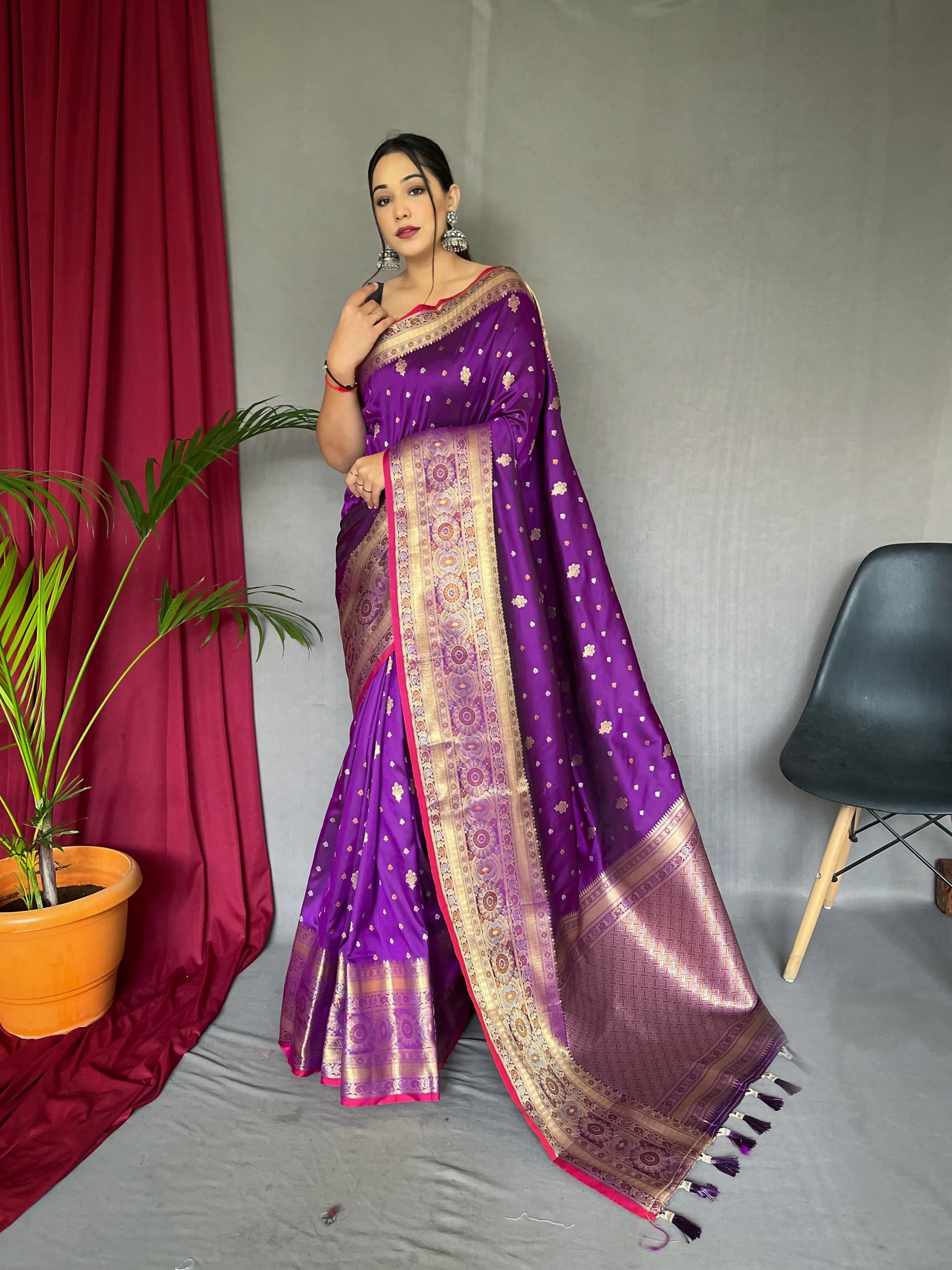 Grape Purple Saree in Soft Silk Multi Color Zari Woven