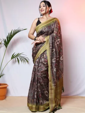 Green Printed Saree with Copper Zari Woven Border