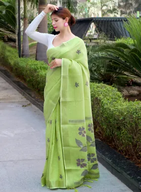 Greenish Beige Saree in Pure Linen Copper Woven