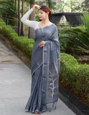 Grey Chateau Saree in Pure Linen Copper Woven