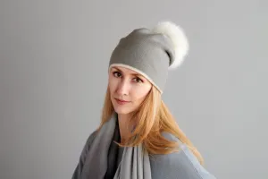 Grey Reversible Slouchy Cashmere Hat with Ivory Rim and White Fur Pom