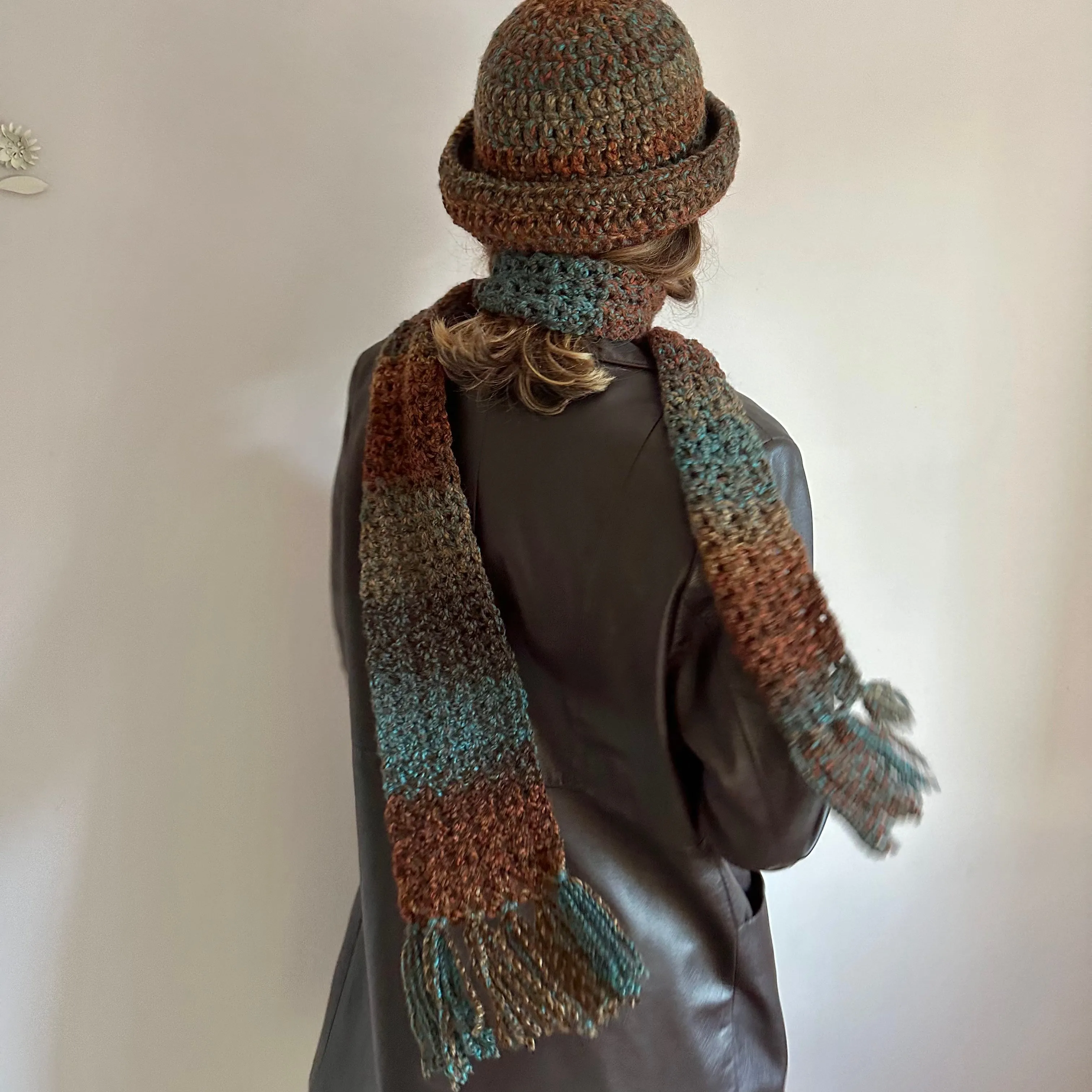 Handmade ombré blue and brown tassel crochet scarf