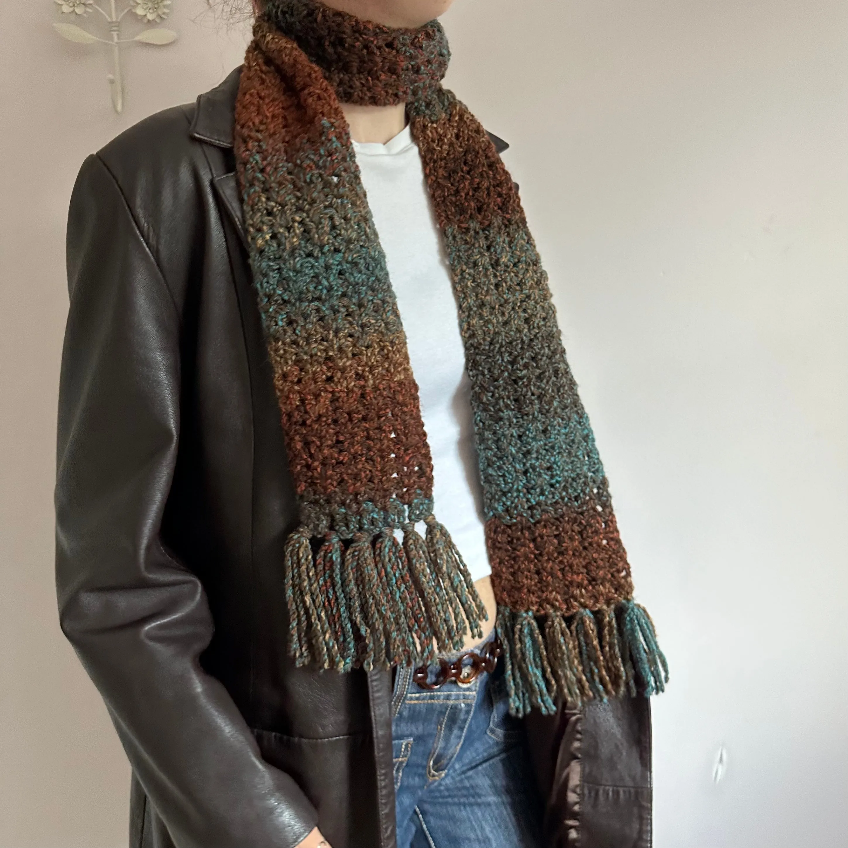 Handmade ombré blue and brown tassel crochet scarf