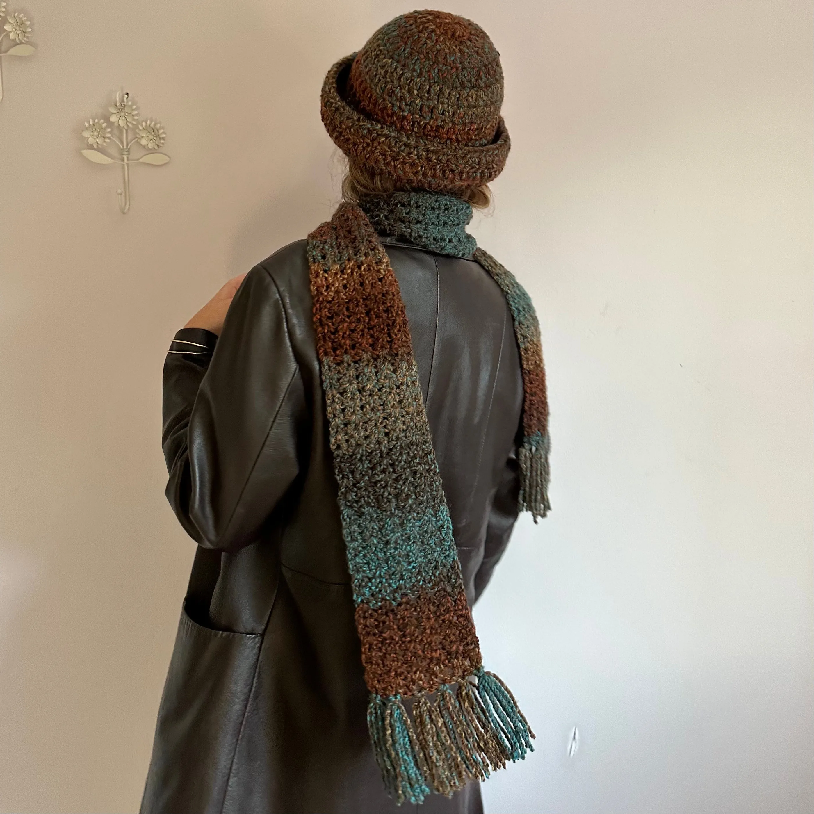 Handmade ombré blue and brown tassel crochet scarf