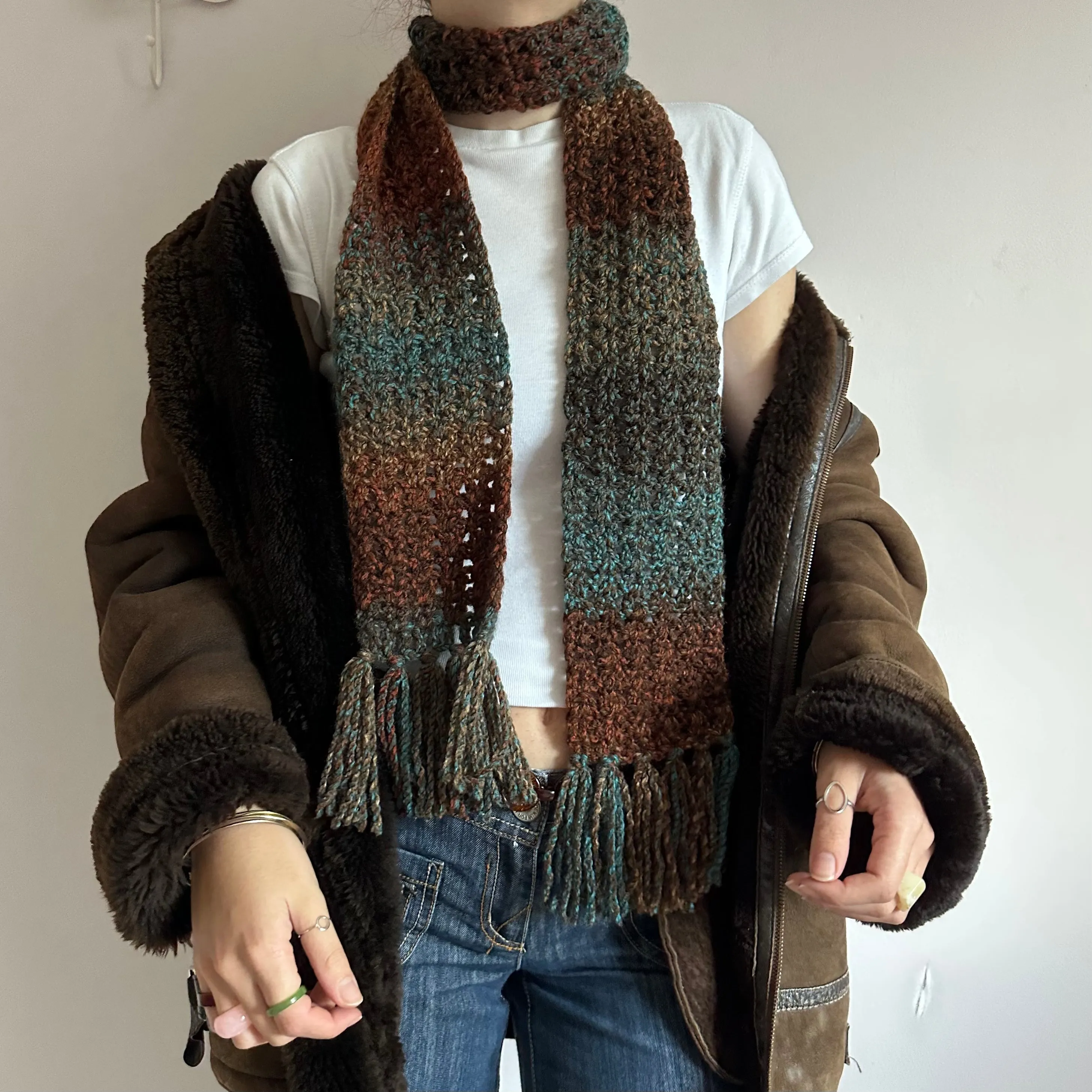 Handmade ombré blue and brown tassel crochet scarf