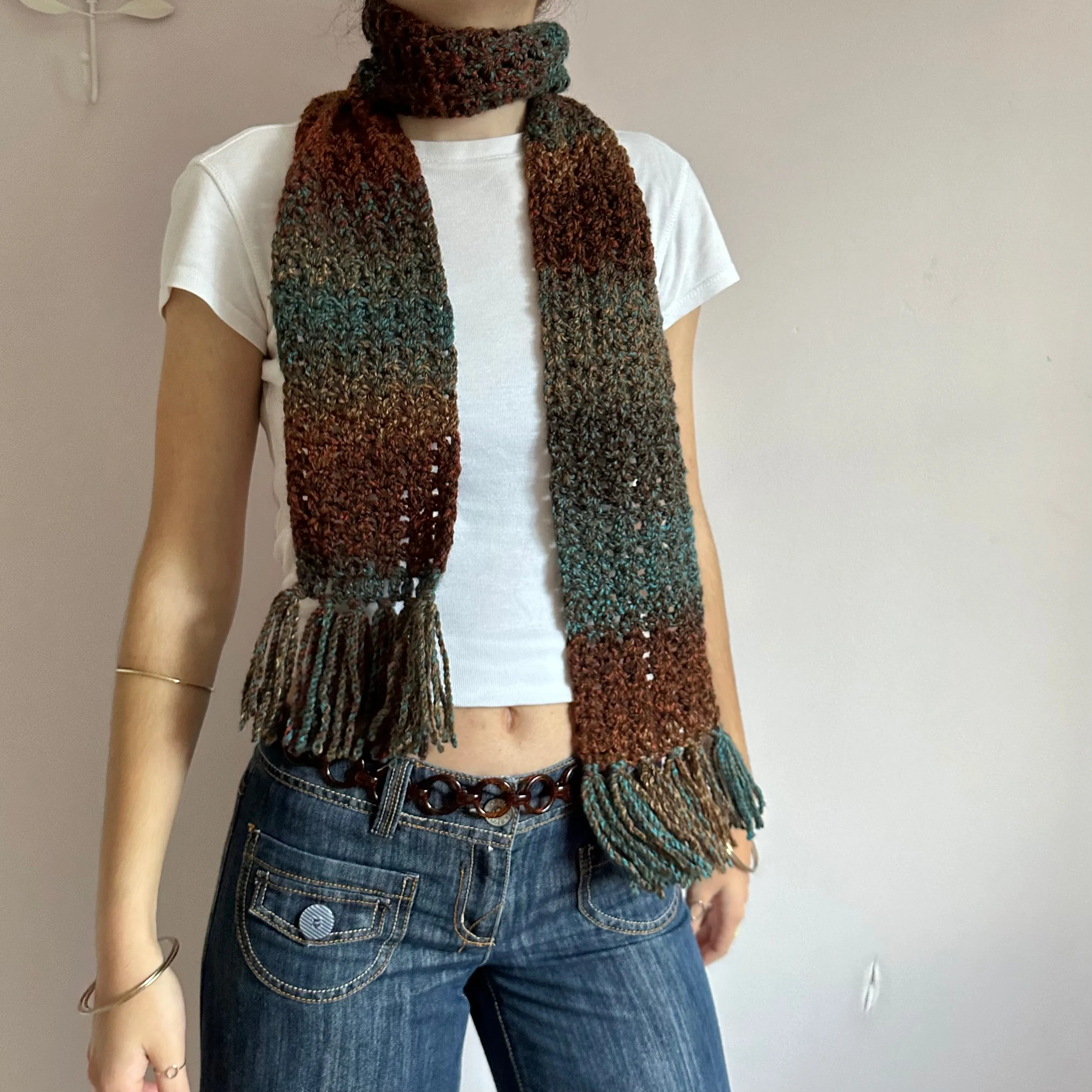 Handmade ombré blue and brown tassel crochet scarf