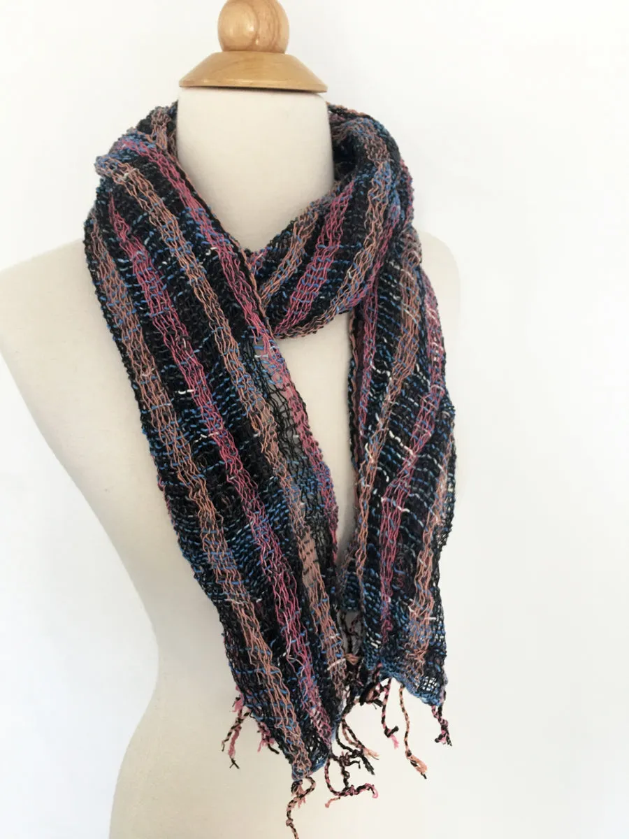 Handwoven Open Weave Cotton Scarf - Black-Mauve-Blue