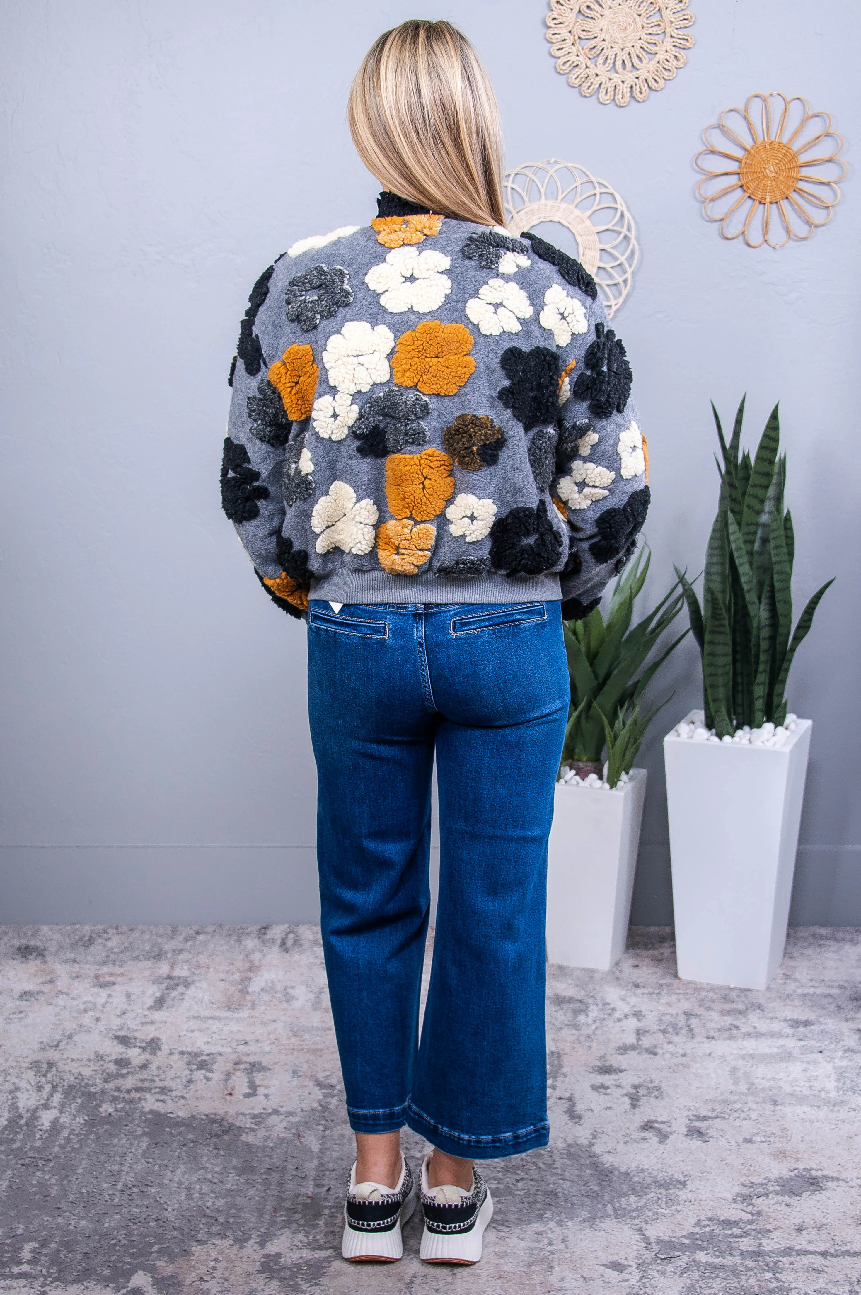 Happy Girls Are The Prettiest Gray/Multi Color Floral Fuzzy Jacket - O5655GR