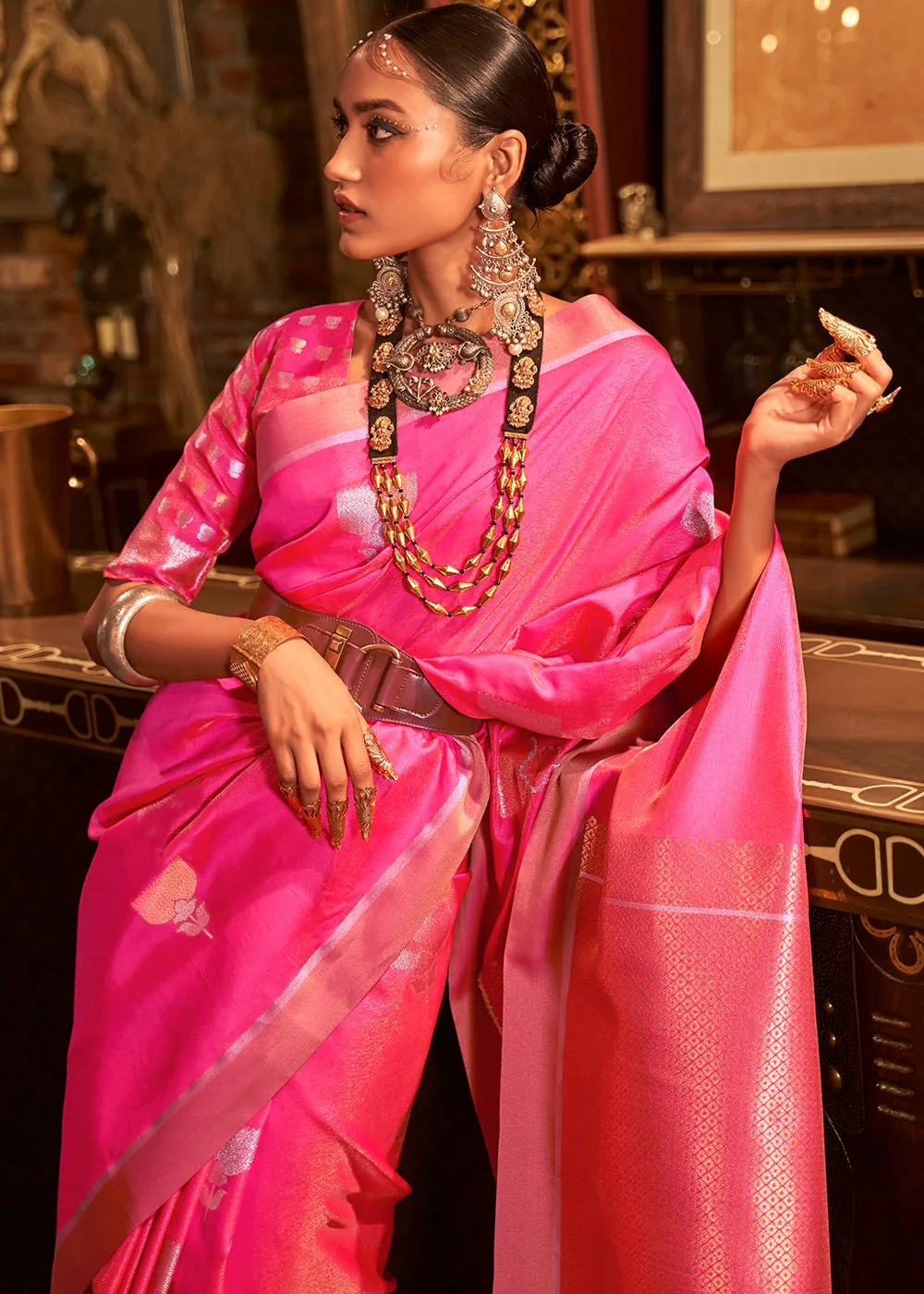 Hot Pink Copper Zari Woven Designer Silk Saree