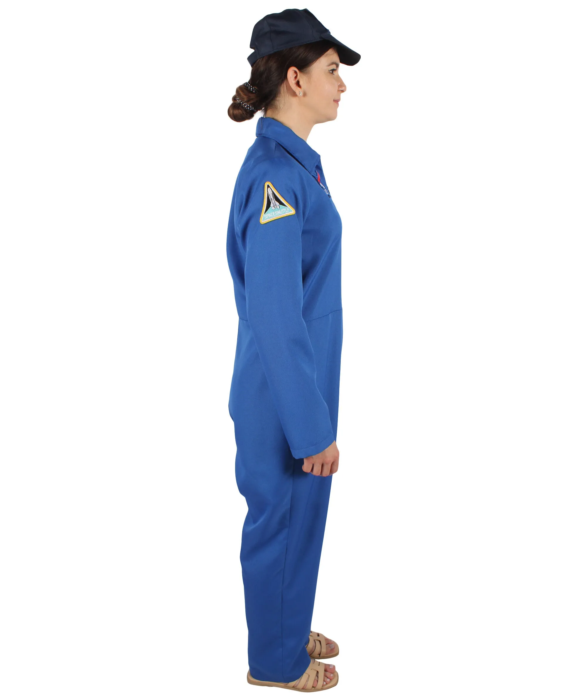 HPO Adult Women's Blue Astronaut Jumpsuit Costume with Cap | Perfect for Halloween | Flame-retardant Synthetic Fabric