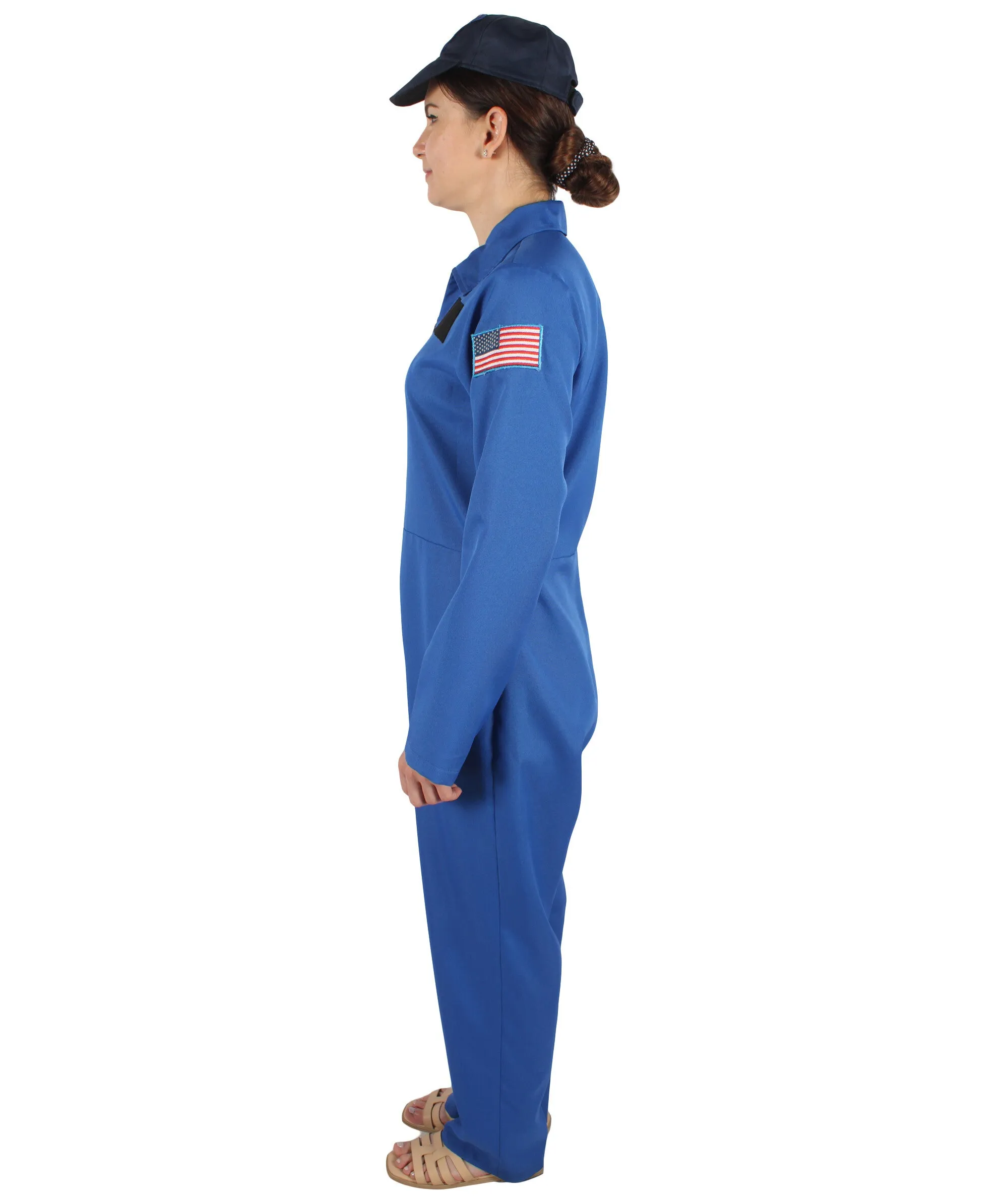 HPO Adult Women's Blue Astronaut Jumpsuit Costume with Cap | Perfect for Halloween | Flame-retardant Synthetic Fabric