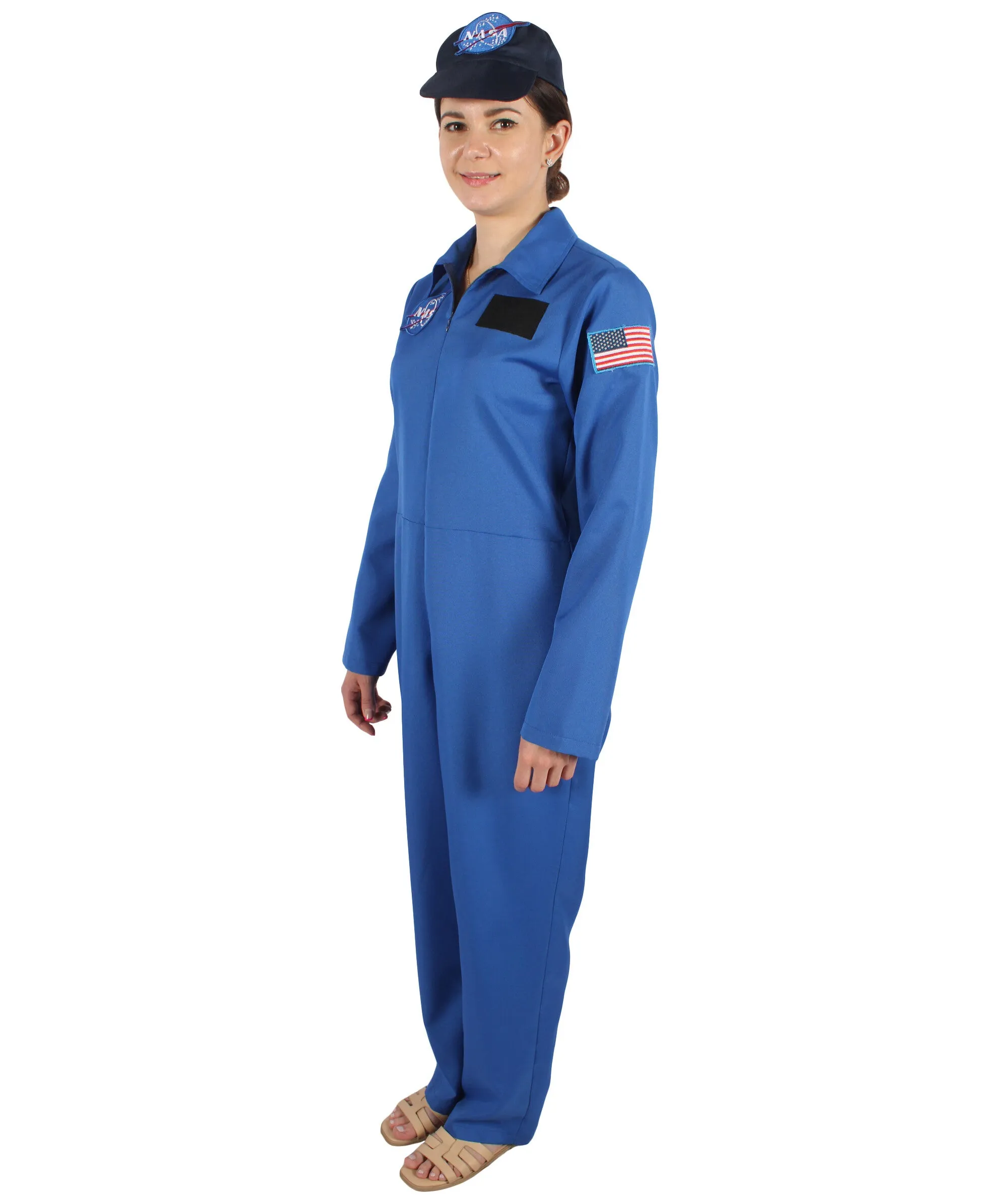 HPO Adult Women's Blue Astronaut Jumpsuit Costume with Cap | Perfect for Halloween | Flame-retardant Synthetic Fabric