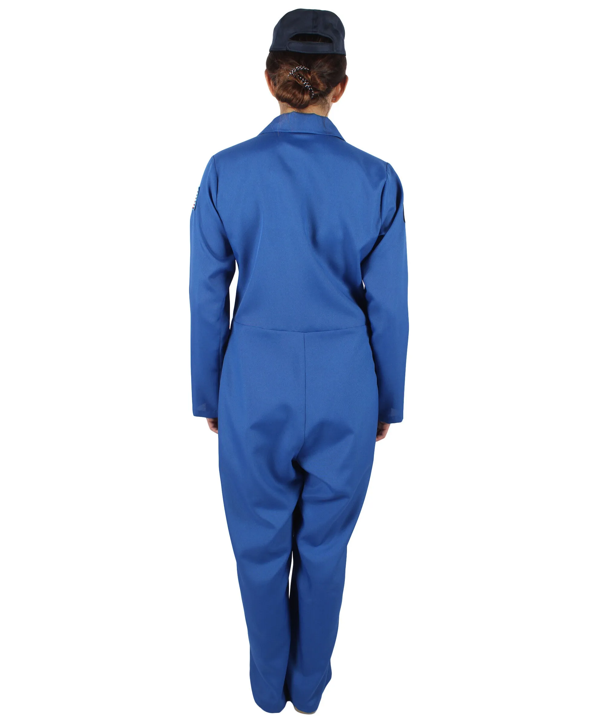 HPO Adult Women's Blue Astronaut Jumpsuit Costume with Cap | Perfect for Halloween | Flame-retardant Synthetic Fabric