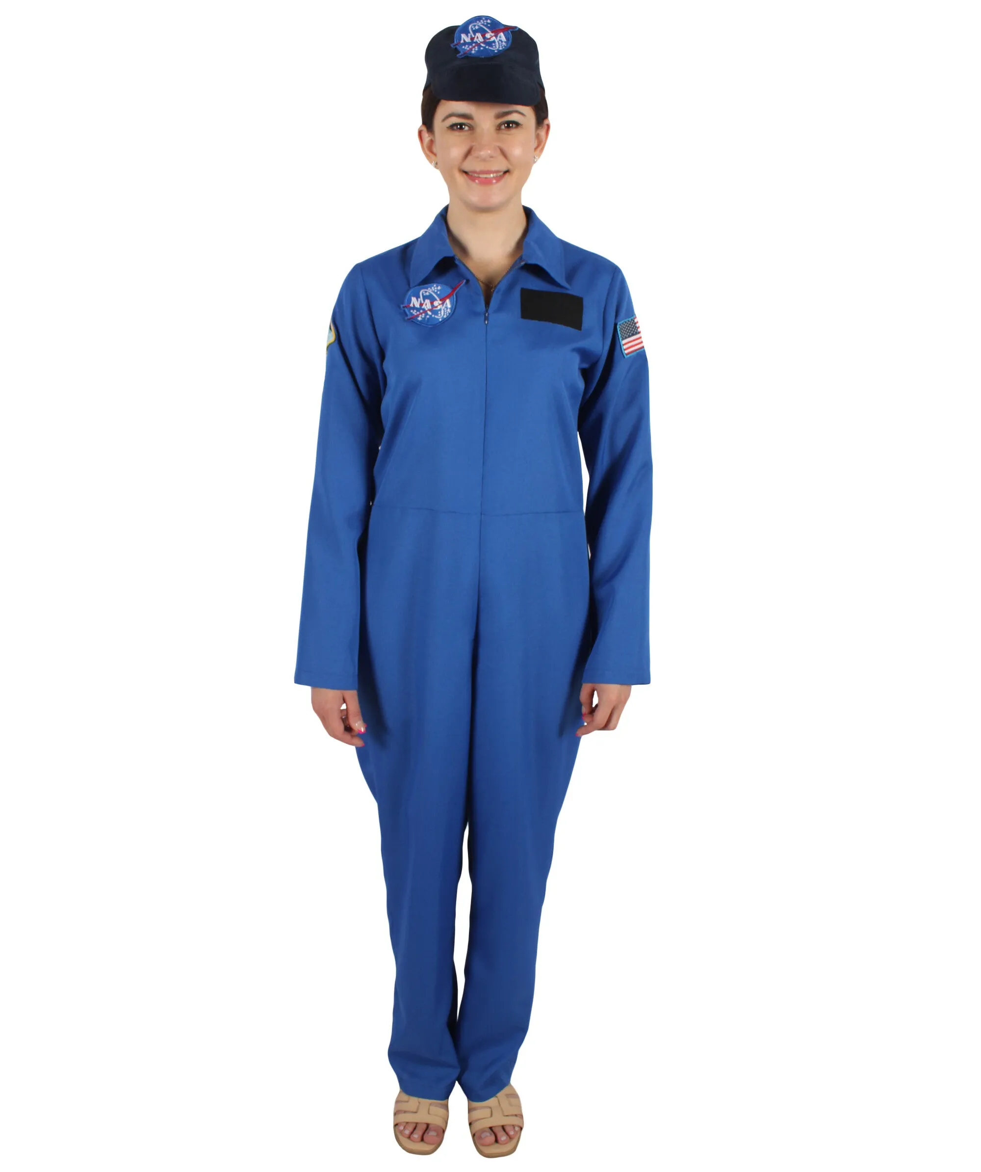 HPO Adult Women's Blue Astronaut Jumpsuit Costume with Cap | Perfect for Halloween | Flame-retardant Synthetic Fabric