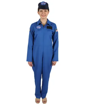 HPO Adult Women's Blue Astronaut Jumpsuit Costume with Cap | Perfect for Halloween | Flame-retardant Synthetic Fabric